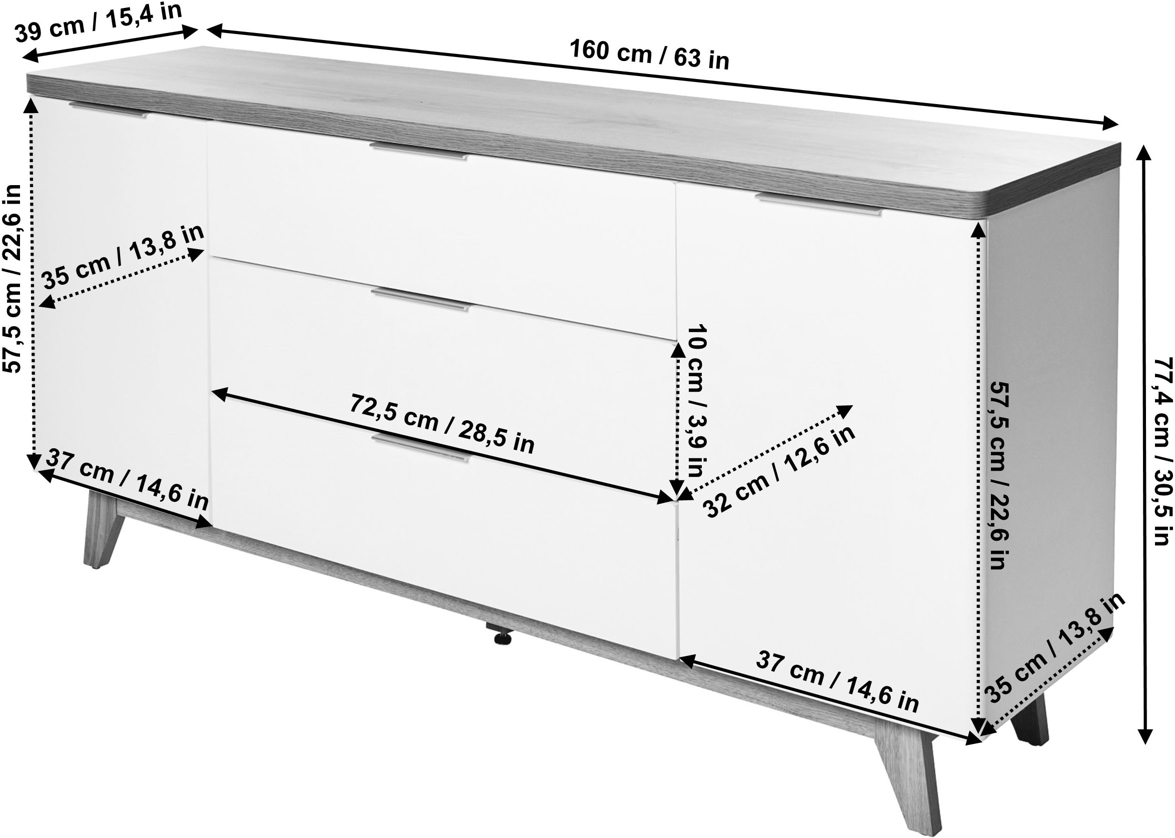 Jahnke Sideboard »LIBRE SB 160« Sideboard,Skandi,2 Türen + 3 Schubladen,Aluminiumgriffe,Breite 160 cm