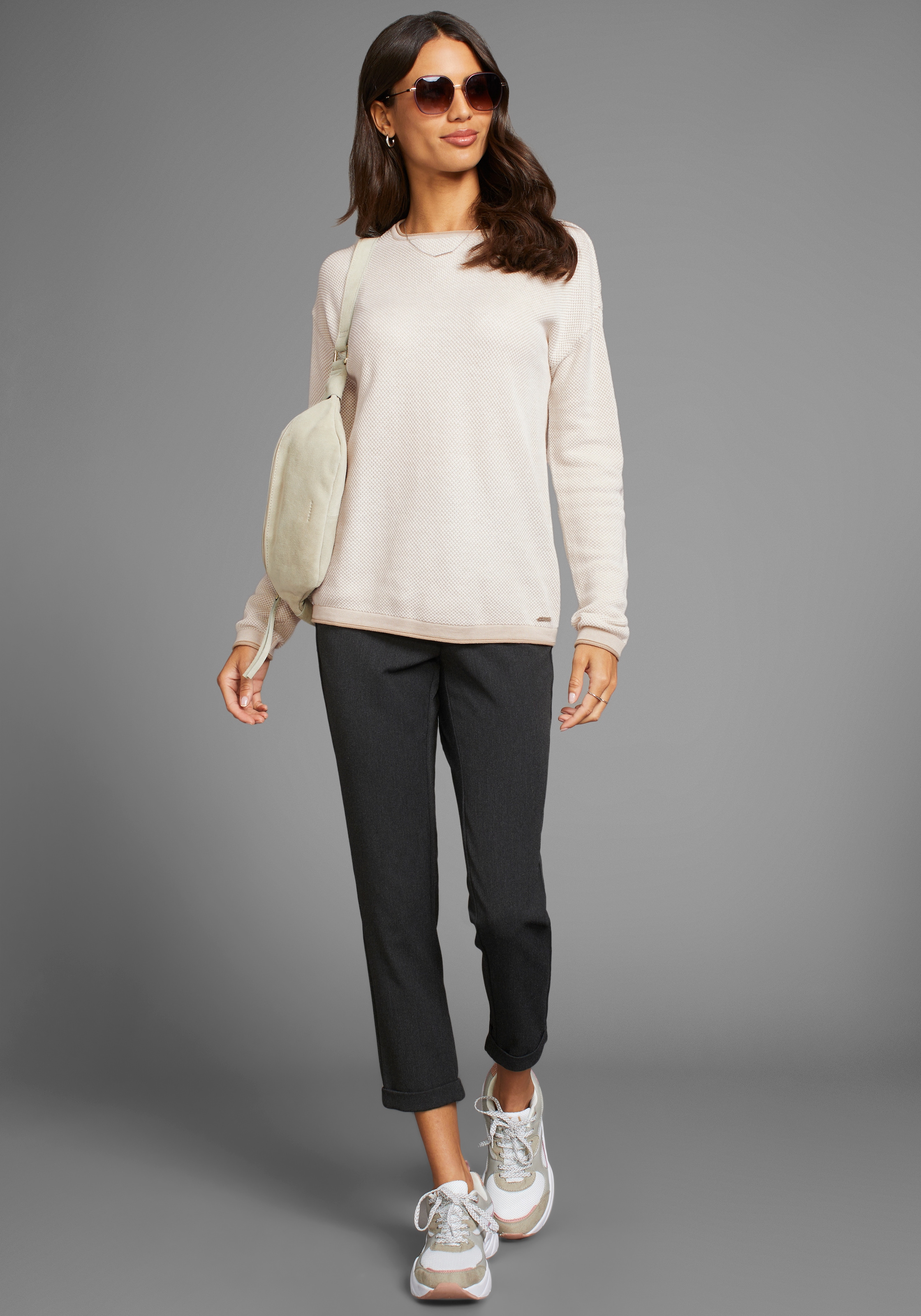 Laura Scott Pull à col rond leichter Feinstrick mit Waffelmuster und dezenten Rollkanten