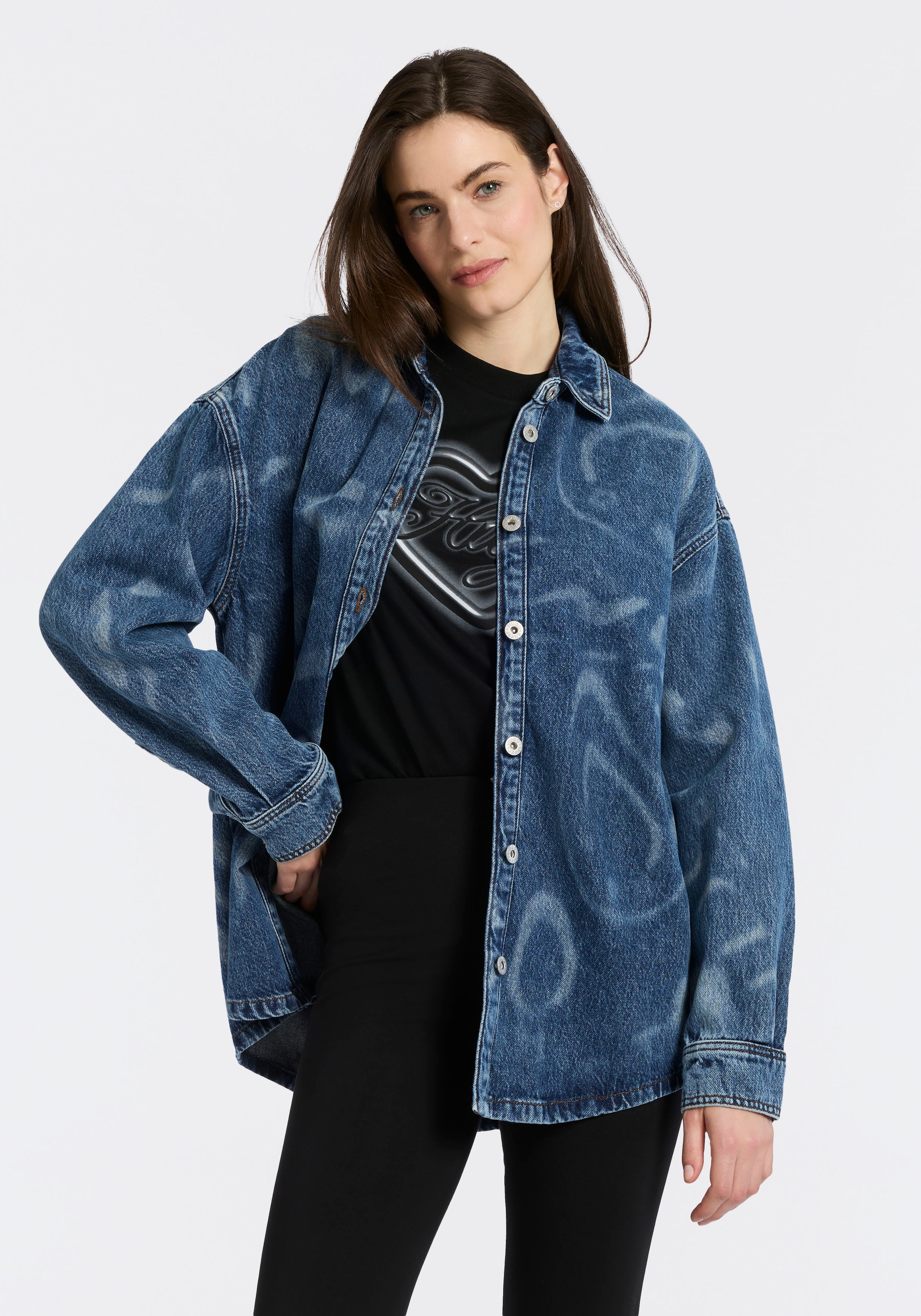 HUGO Blue Hemdbluse »Garesa« Denim mit Laserprint, Oversized Fit