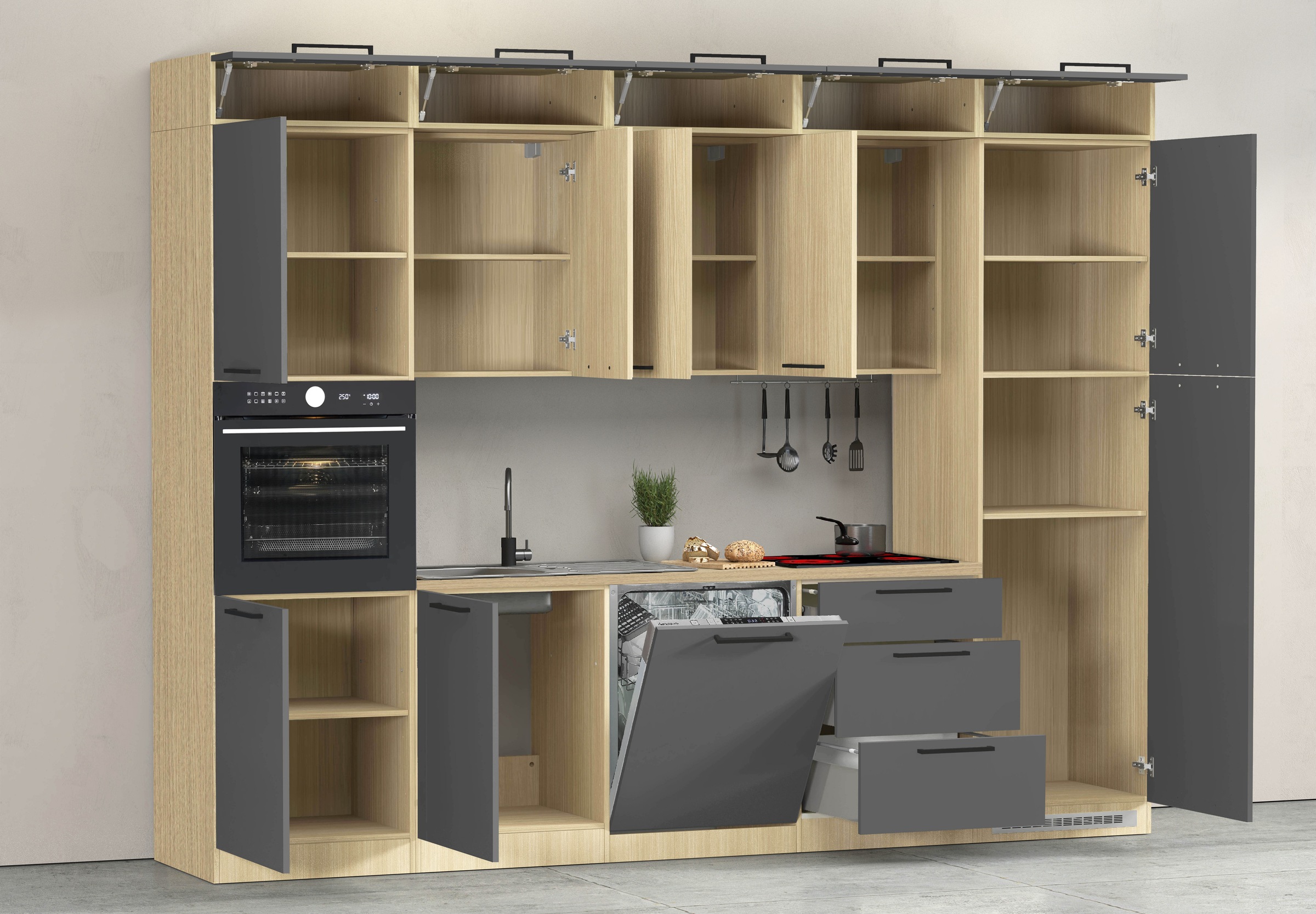 KOCHSTATION Kitchenette »Luna, Einbauküche, Zeilenküche, mit Soft-Close Funktion, Made in Italy« Breite 300 cm ohne E-Geräte, mit Spüle+Siphon und Aufsatz