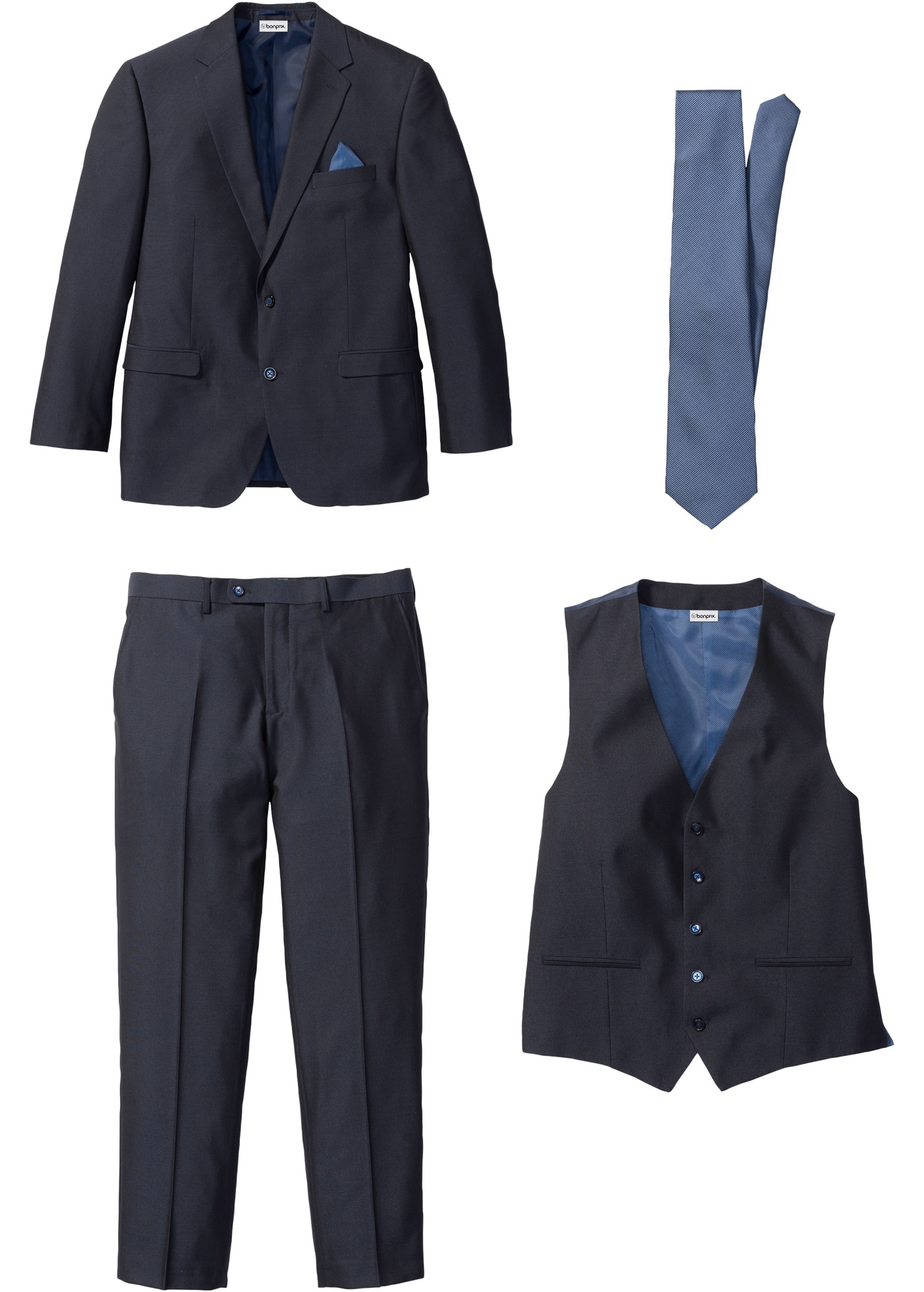 bonprix Anzug Set, 4 tlg. regular fit bestehend aus Sakko mit Reverse, Weste, Flatfront-Hose und Krawatte
