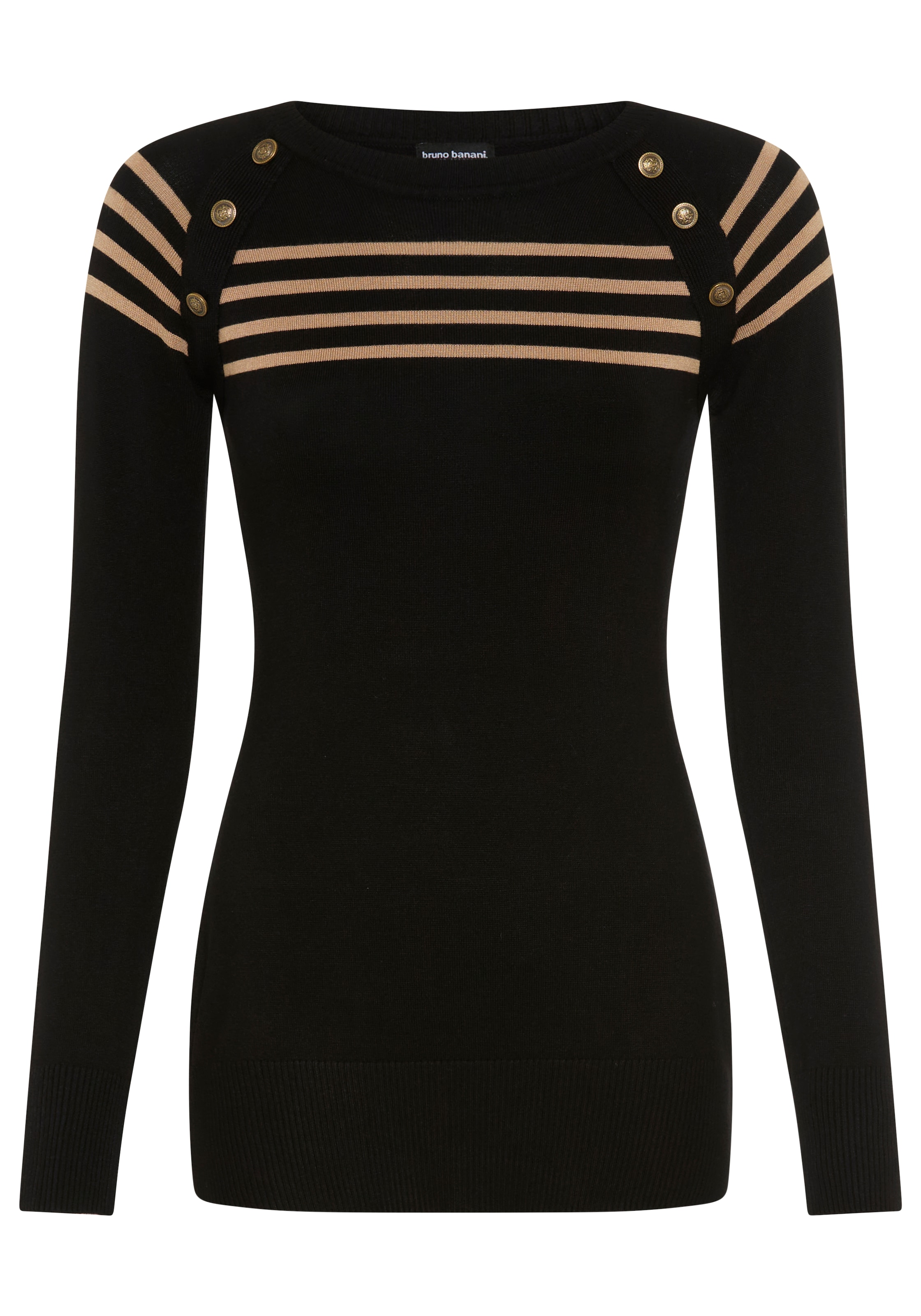 Bruno Banani Strickpullover »mit Zierknöpfen und Streifen-Design« mit Rundhalsausschnitt, figurbetonte Passform, hüftlange Form