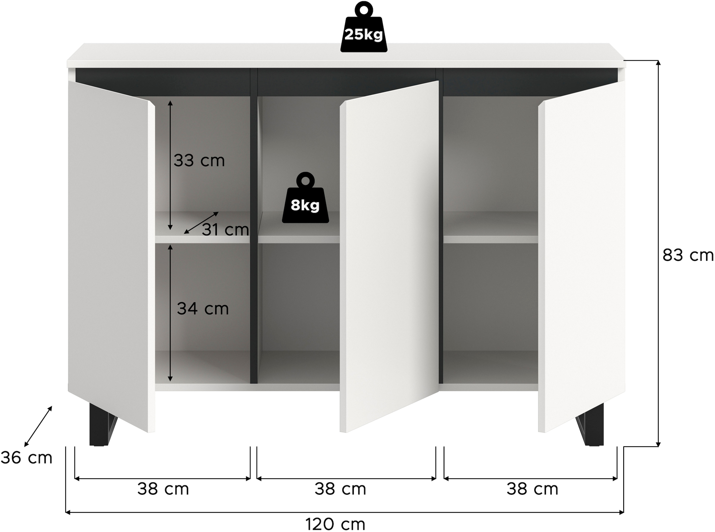 Home affaire Buffet »TOMA, Breite: 120 cm, mit Metall-Kufen-Fuss, 3 Türen, 3 Einlegeböden« buffet, commode, armoire, étagère, highboard