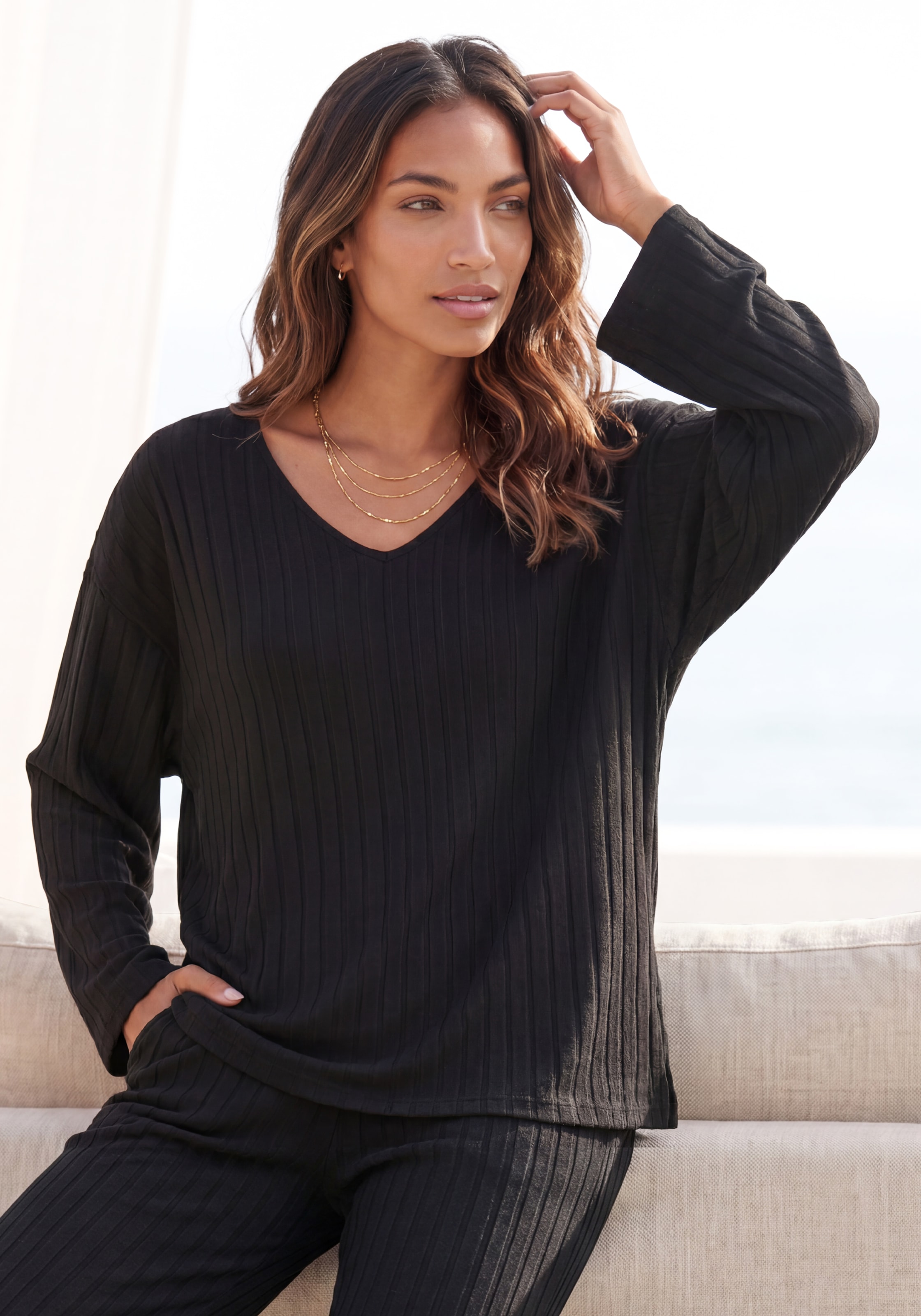 Vivance Langarmshirt »aus kuscheliger Rippware mit flauschigem Griff« kuscheliges Longsleeve, Rippshirt aus weicher Jerseyware, lässig