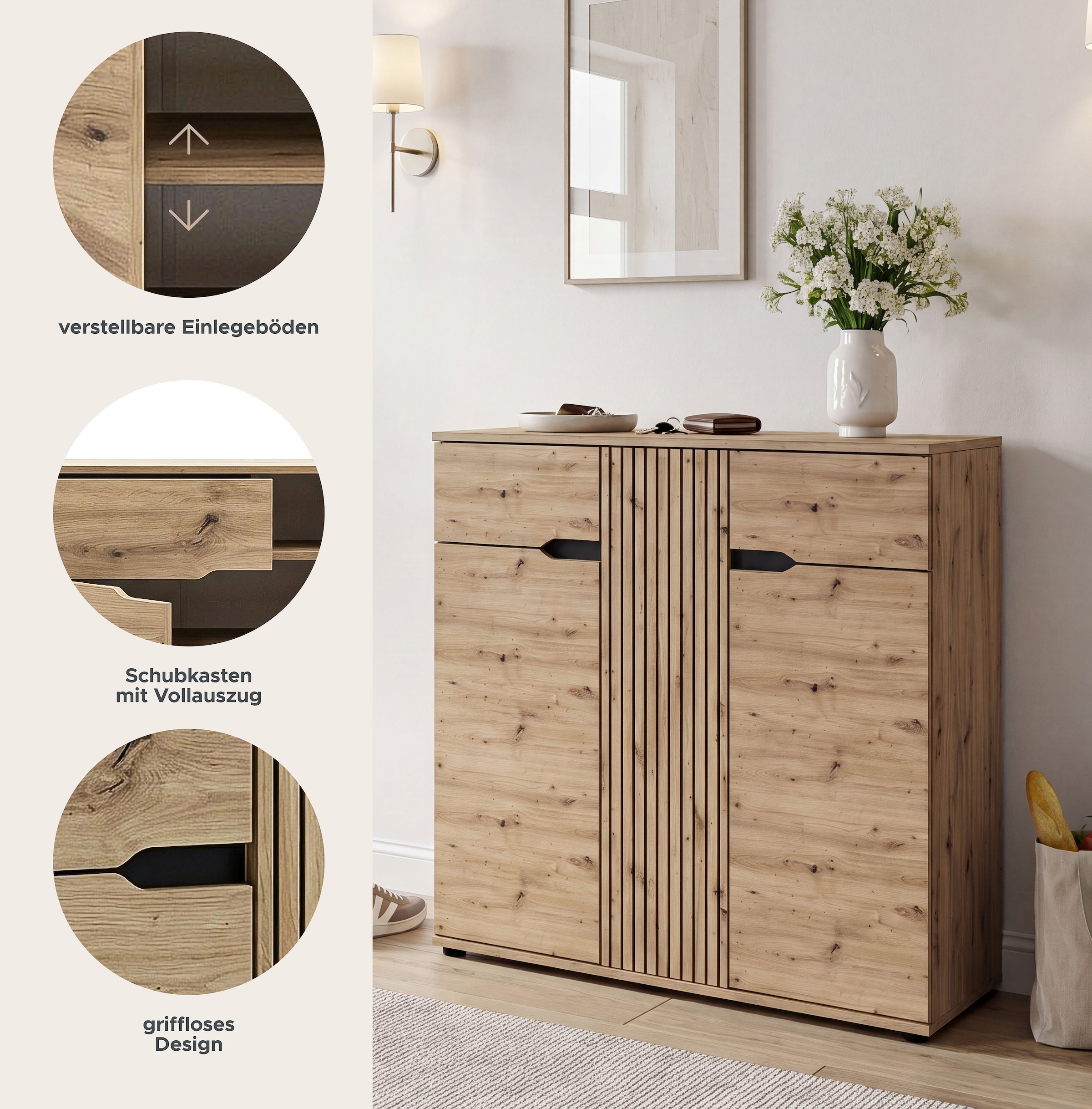 GOODproduct Commode à chaussures »FJELL, Breite 104cm, 3 Türen, 2 Schubkästen, 6 Einlegeböden, 9 Fächer« Armoire de rangement, armoire à chaussures, commode, buffet, vaisselier