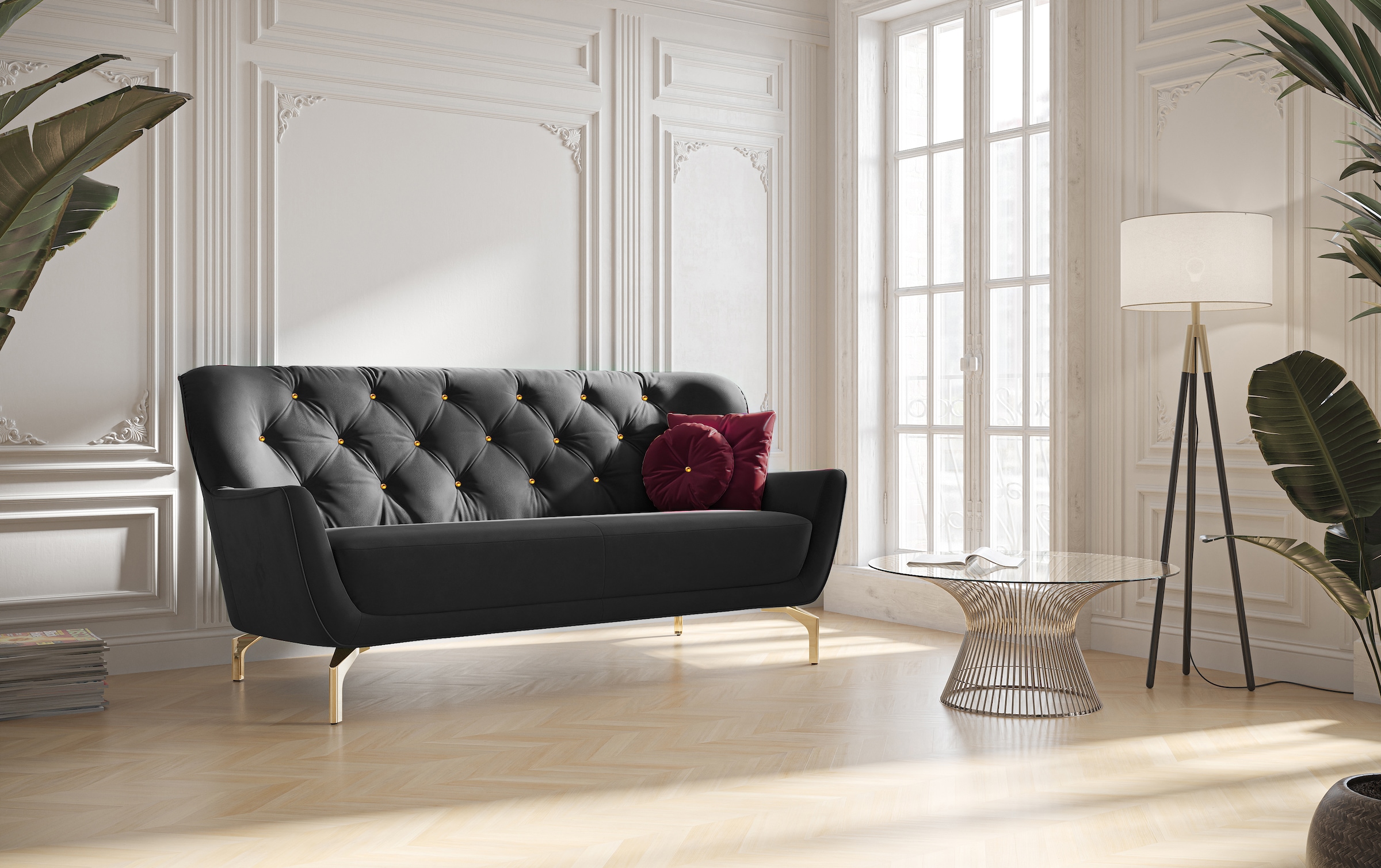 sit&more 3-Sitzer »Orient 3« inkl. 2 Zierkissen mit Strass-Stein, goldfarbene Metallfüsse