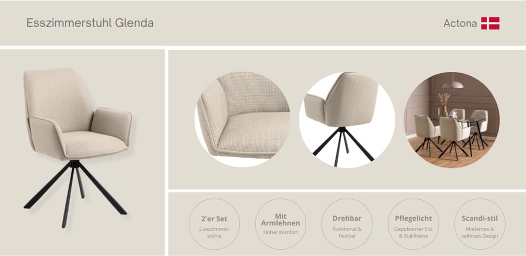 ACTONA GROUP Chaise de salle à manger »Glenda 2er-Set, 360° drehbar, mit Armlehnen, in mehreren Farben« () rembourré, avec accoudoir, pieds en acier noir, pivotant, lot de 2
