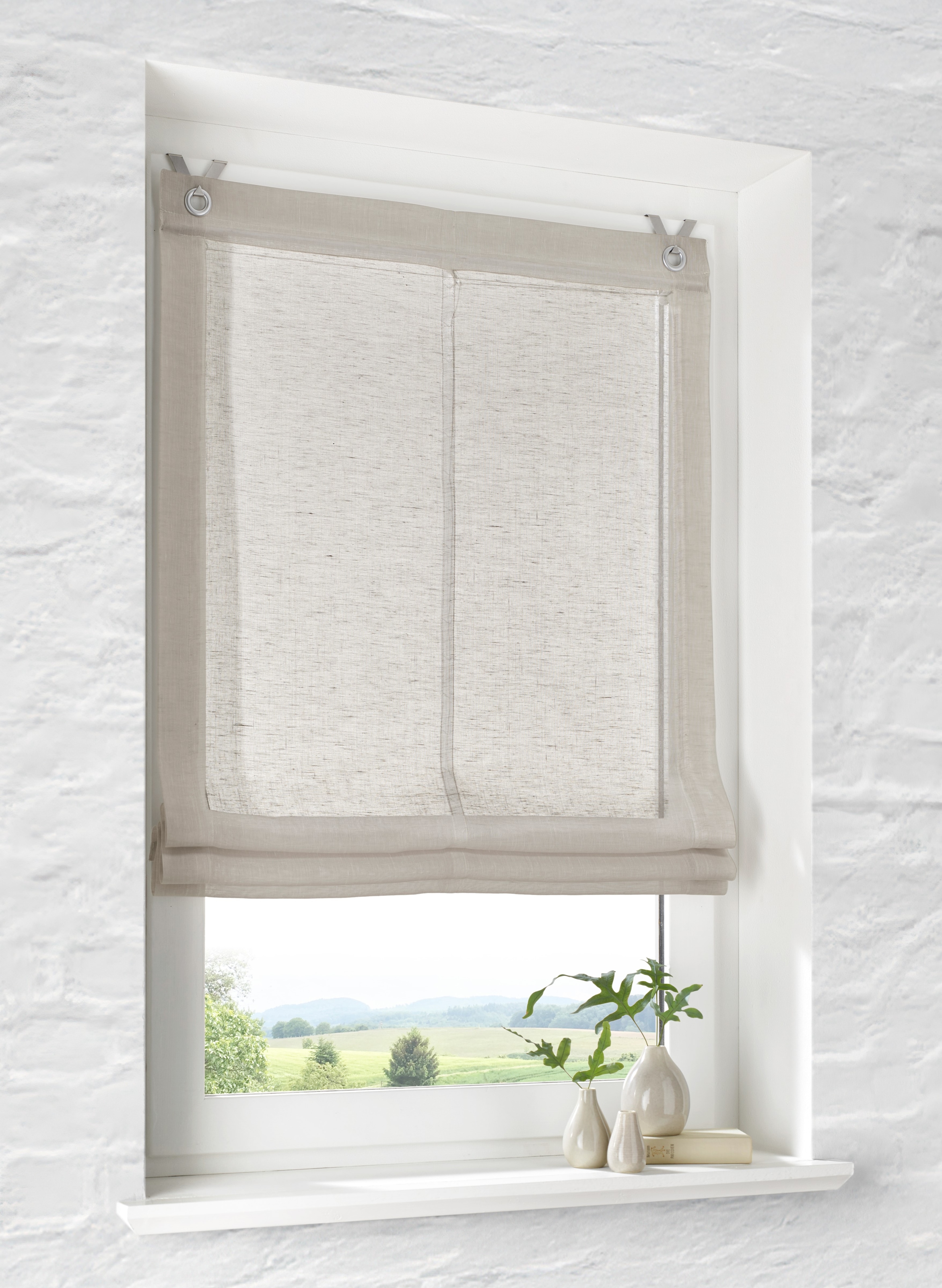 Kutti Paroi japonaise »Brondby« mit Suspension du crochet ohne Bohren freihängend Leinenoptik lichtfilternd Edelstahlhaken