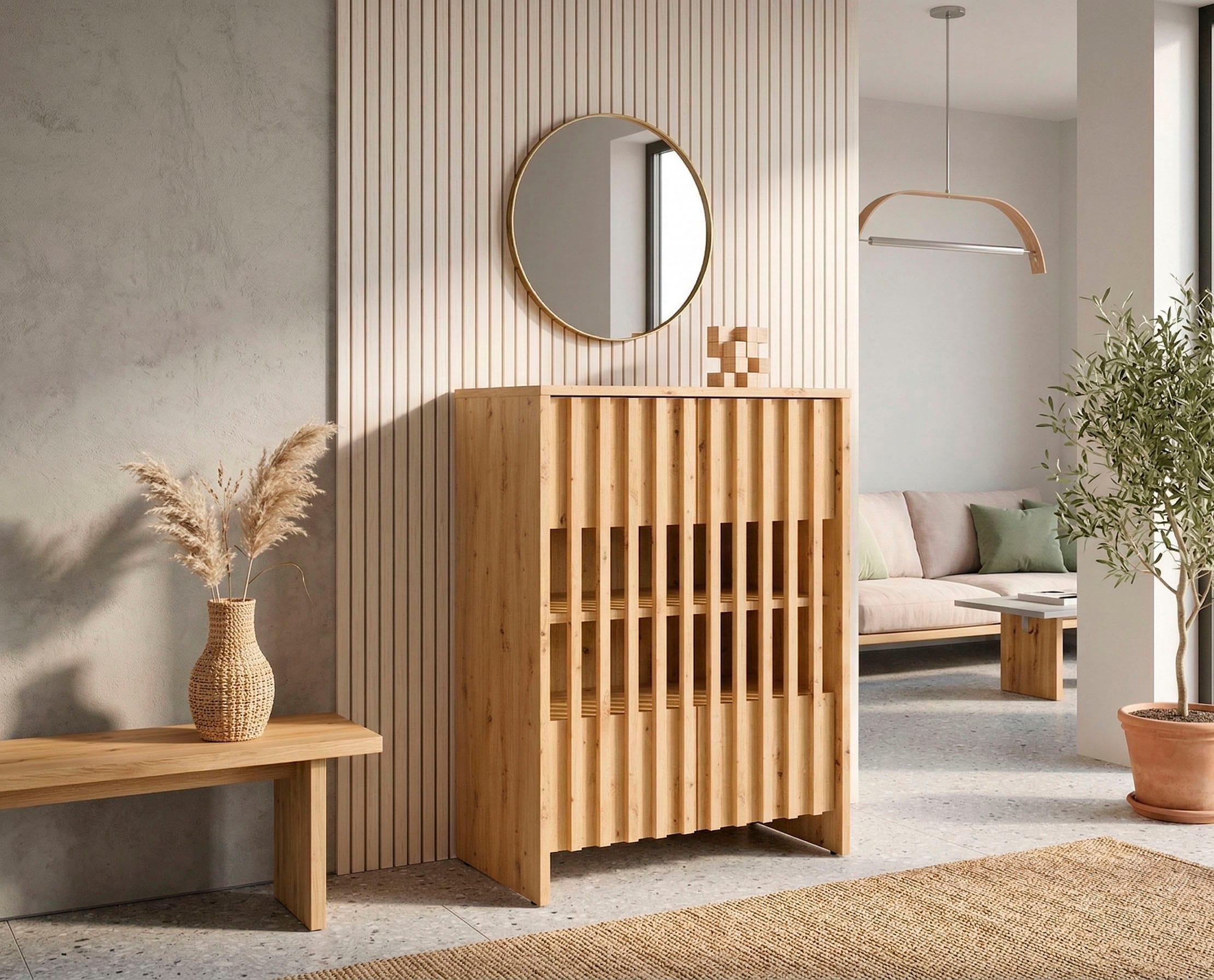 Home affaire Armoire multi-usages »MURET, multifunktionale Kommode, 4 Fächer und 2 Türen, Lamellenfronten« Masse B/T/H: 60/35,4/87 cm,  Kommode mit viel Stauraum, Masse B/T/H: 60/35,4/87 cm