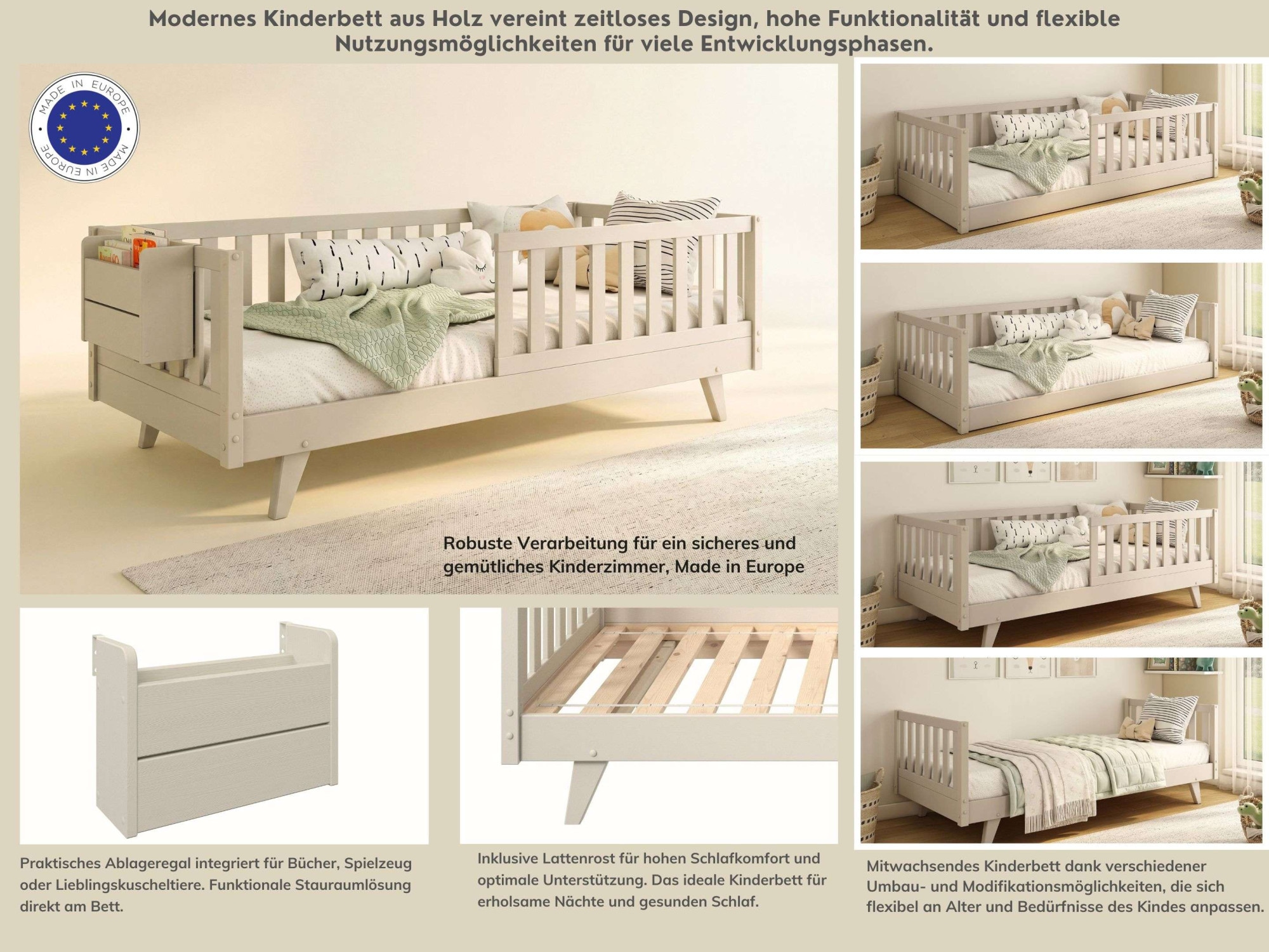 GOODproduct Lit d'enfant »Avelin« Pin massif, certifié FSC®, en couleur tendance cachemire beige