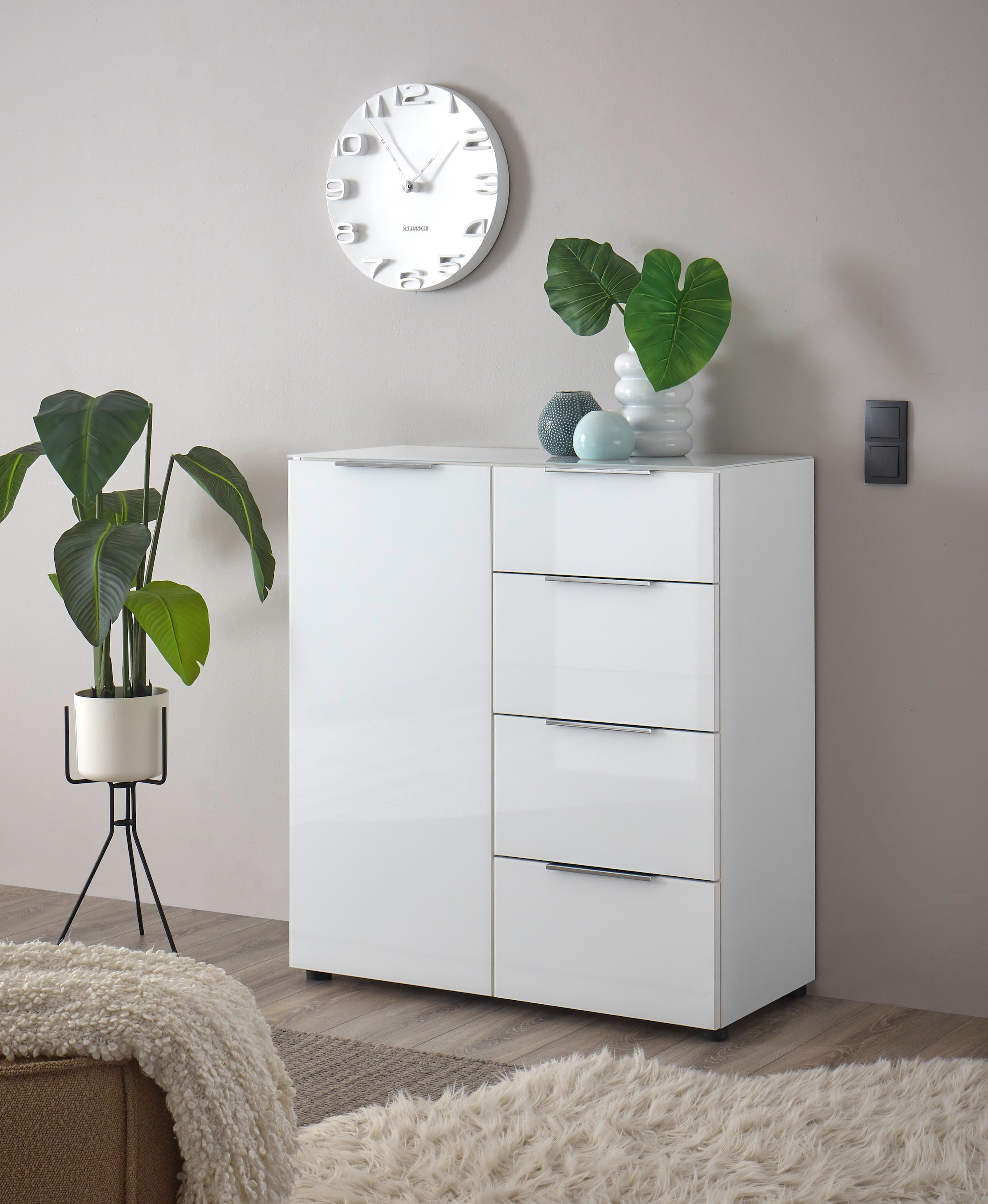 HBZ Sideboard »Santorin Mehrzweckschrank-Universalschrank, BxHxT 90x99x40 cm« 1 Stk. tlg. Mit 1 Tür und 4 Schubkästen mit Softclose, Glasfront und Glasoberboden