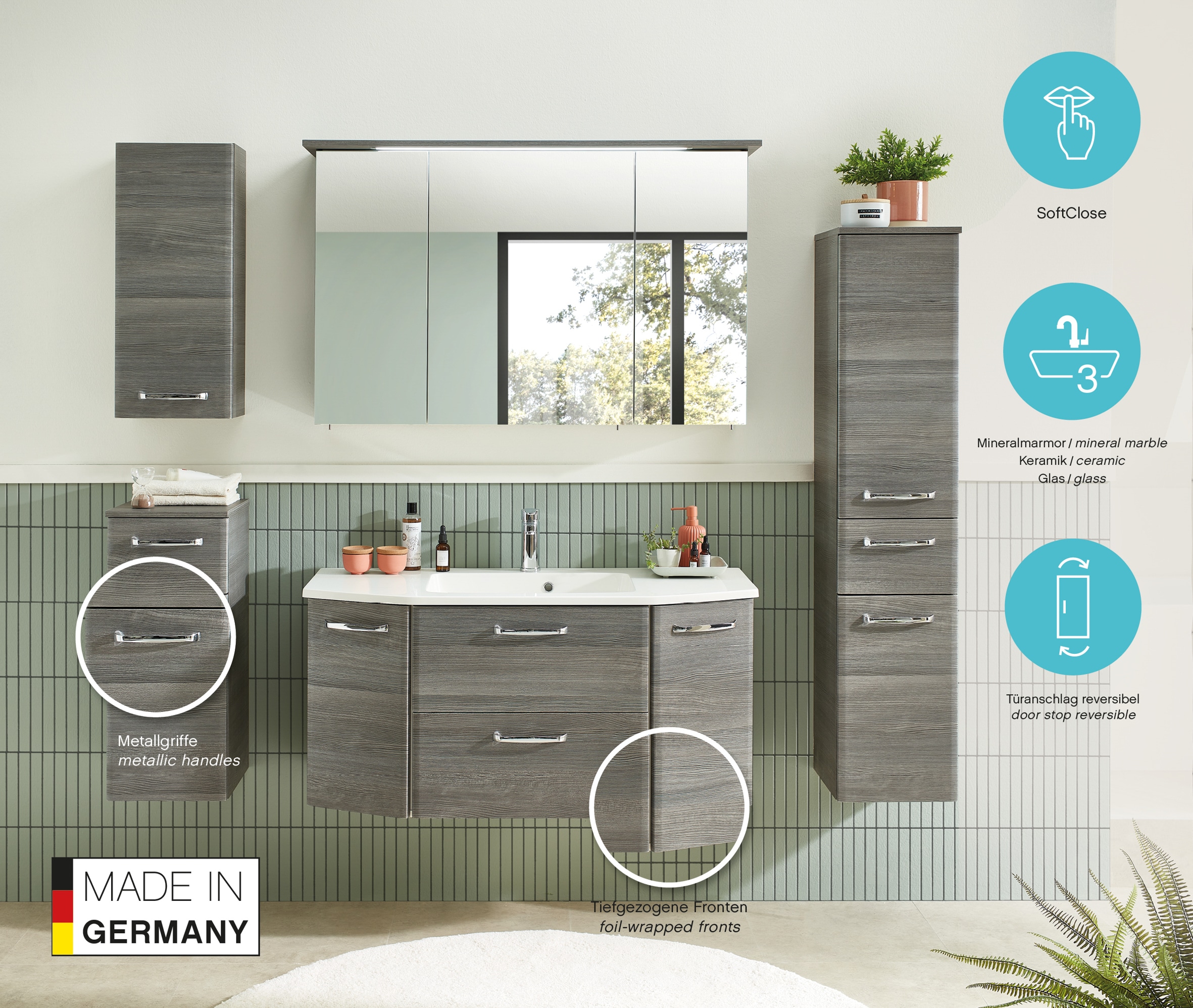 Saphir Armoire intermédiaire »Quickset Badschrank 30 cm breit, 2 Türen, 1 Schublade, 3 Einlegeböden« Armoire de salle de bain midi avec amortisseur de porte, poignées chromées brillantes