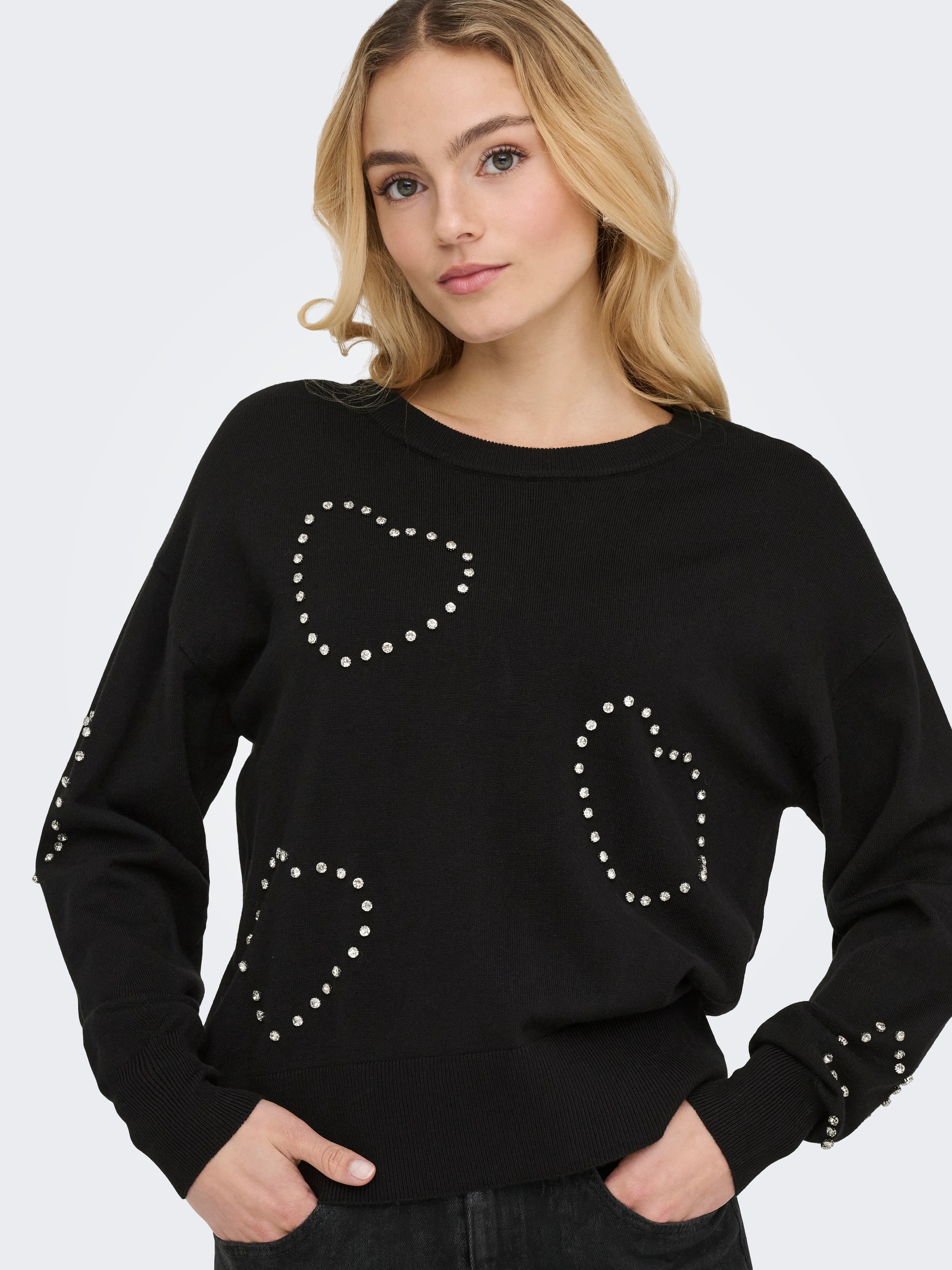 ONLY Pull à col rond »ONLBEE LS HEART BLING O-NECK CC KNT« mit Glitzersteinen