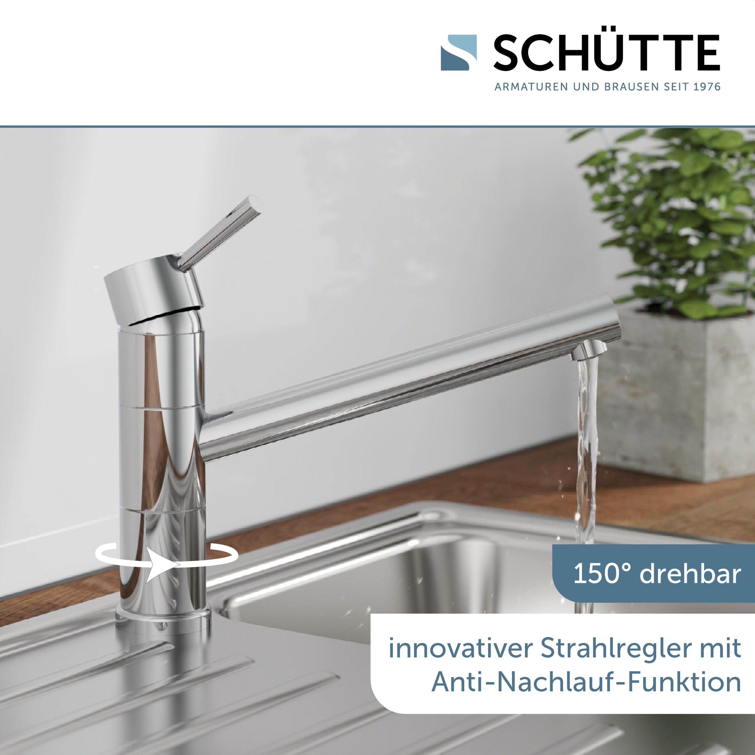 Schütte Robinet d'évier »UNICORN« Niederdruck Armatur Küche, 150° schwenkbar, Verbrühschutz Chrom