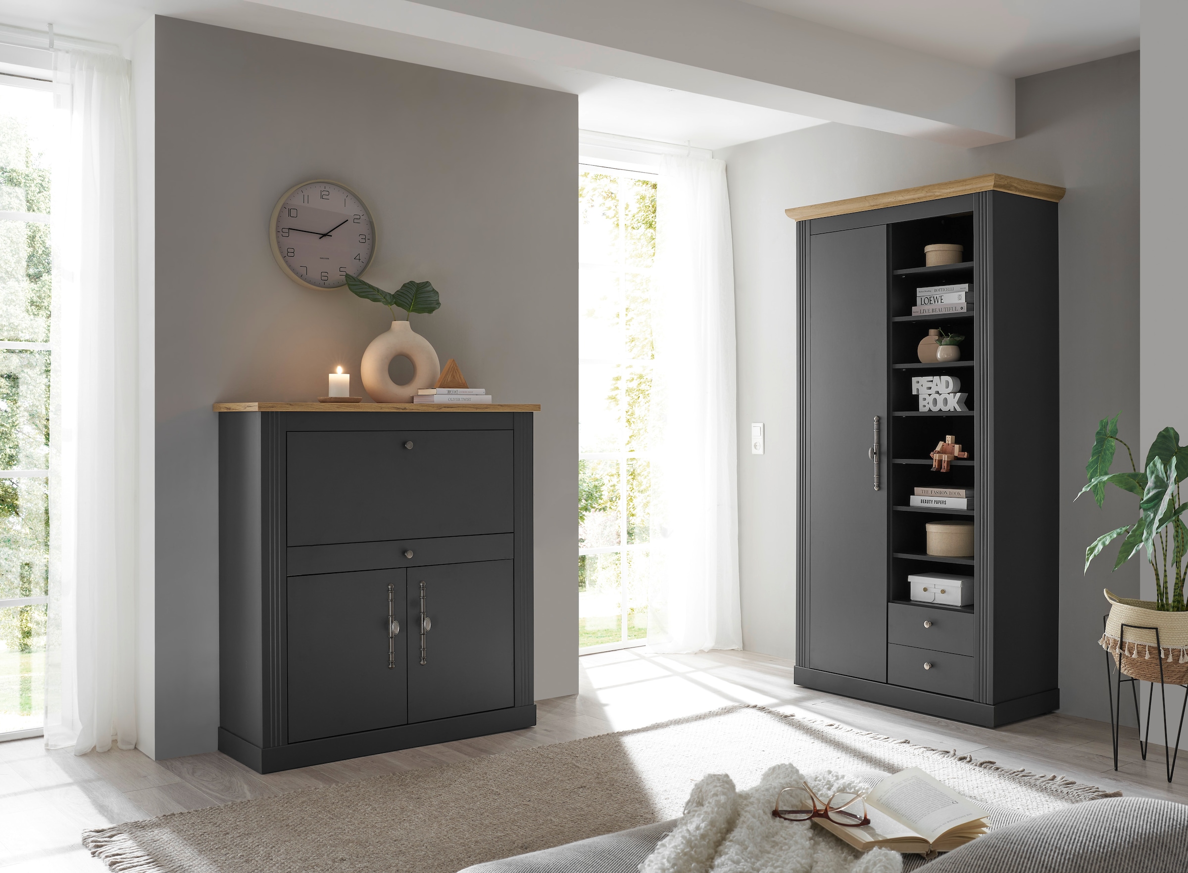 GOODproduct Ensemble de meubles de bureau »Westminster, wohnliches Home-Office, Büro in zwei Farben verfügbar« Ensemble, 2 tlg. comprend secrétaire et armoire de rangement style campagne, avec goulotte pour câbles