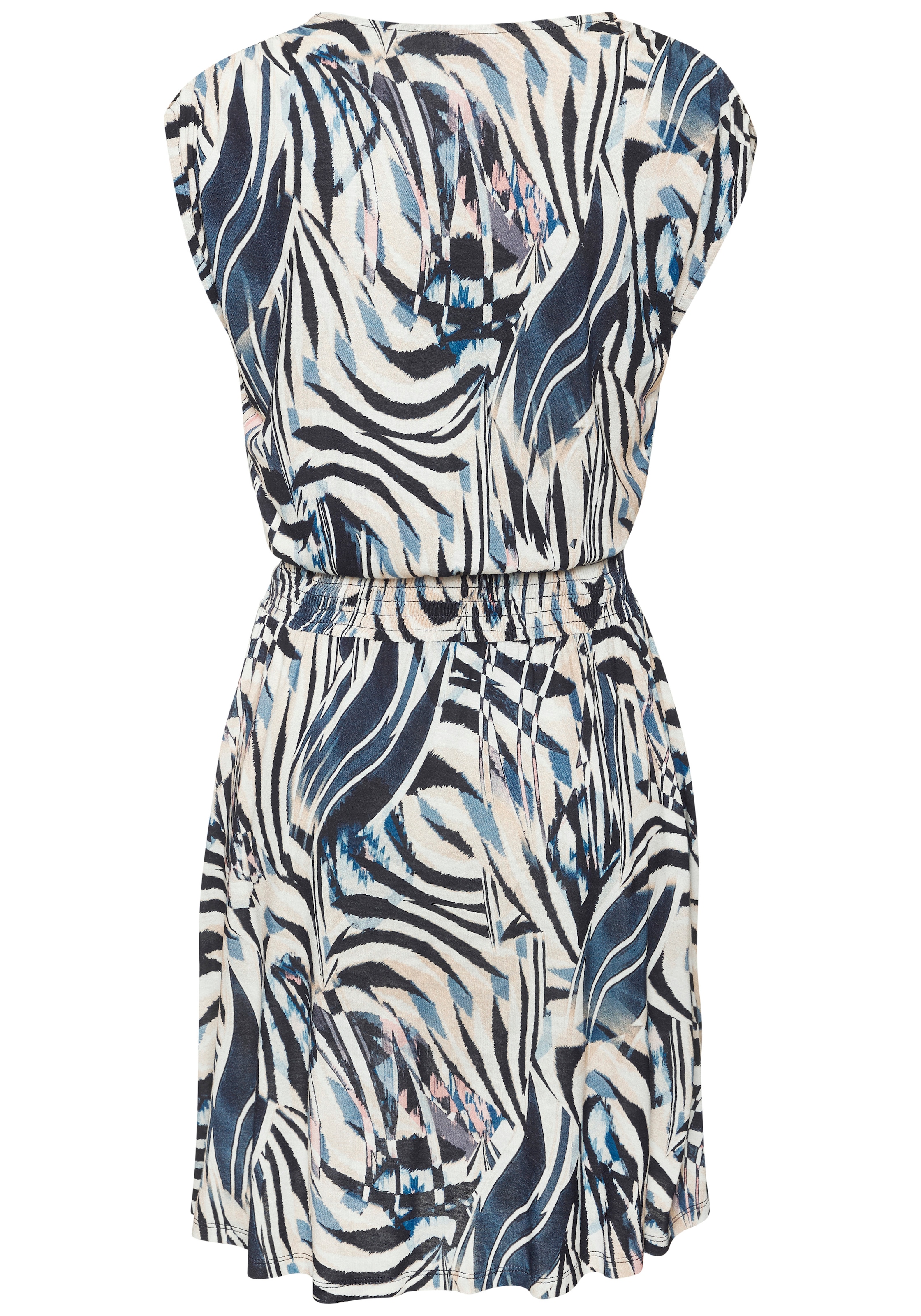 LASCANA Robe en jersey mit breitem Smokbund, kurzes Sommerkleid im Alloverprint, Strandkleid
