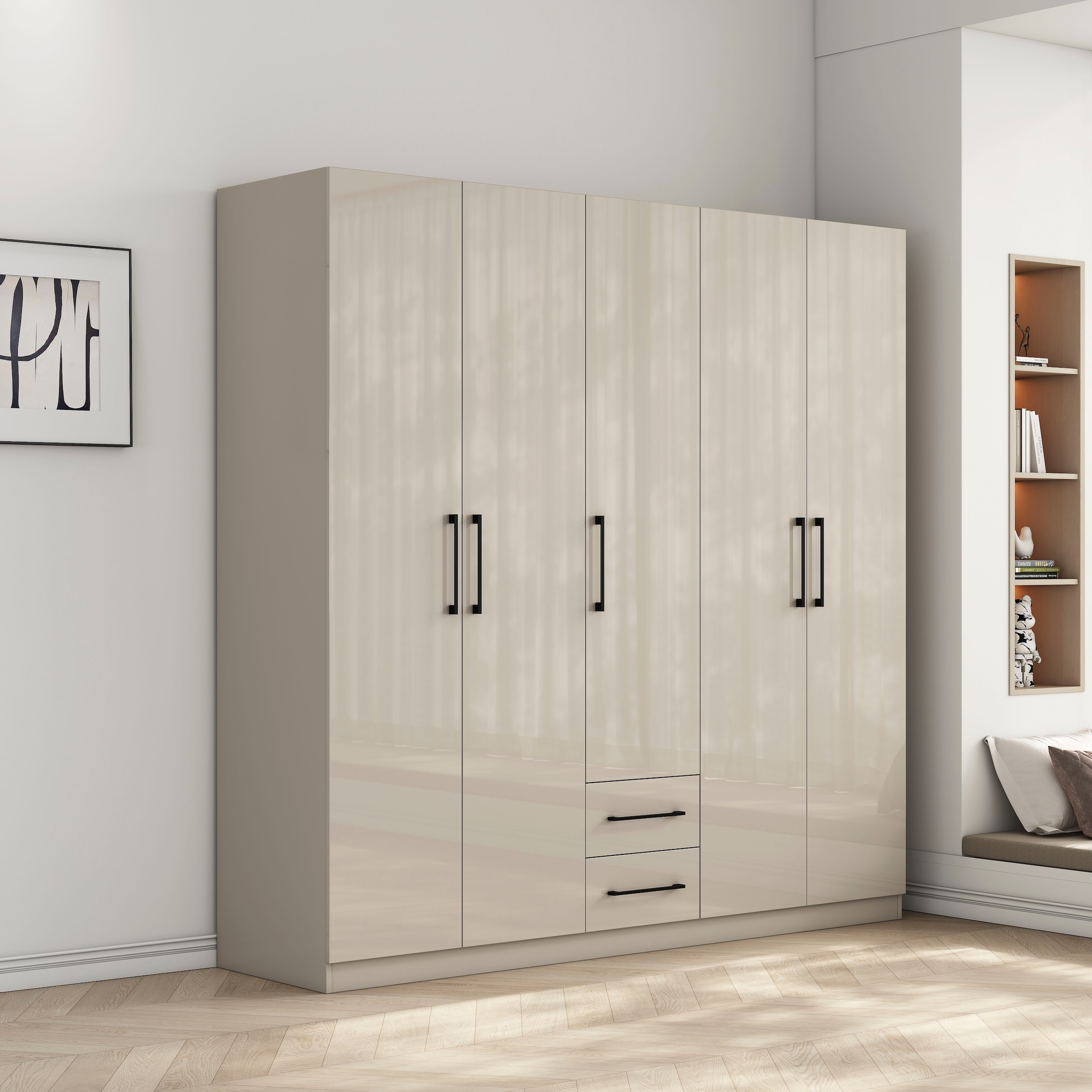 GOODproduct Armoires à vêtements »Sylt Schlafzimmerschrank Garderobe Schrank  in hochglanz weiss« 5 portes, 2 tiroirs, poignées noires modernes, 7 étagères,  Armoire à portes tournantes avec aménagement intérieur parfait, largeur 200cm
