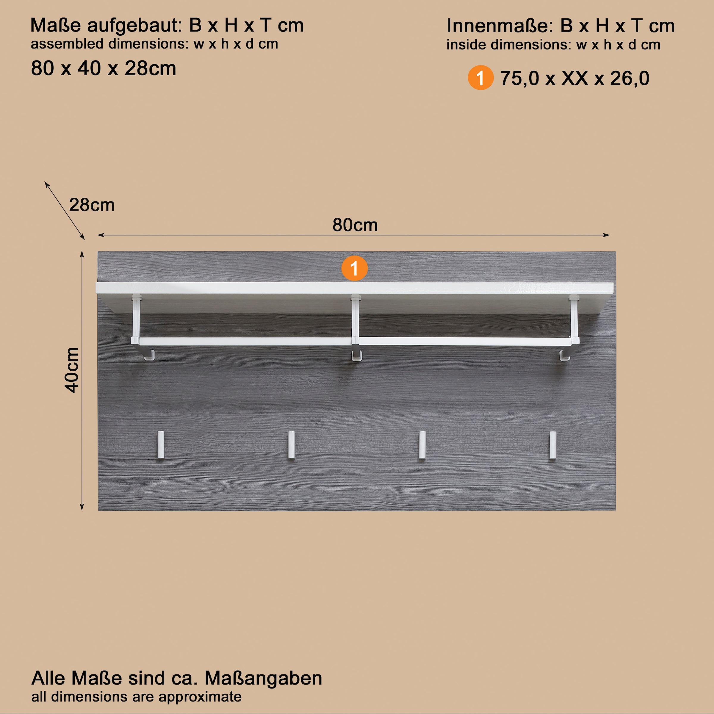 Home affaire Panneau de vestiaire »Sovana« 1 cuis tlg. Garderobenpaneel mit Ablage & Haken - (B/T/H) 80/28/40 cm