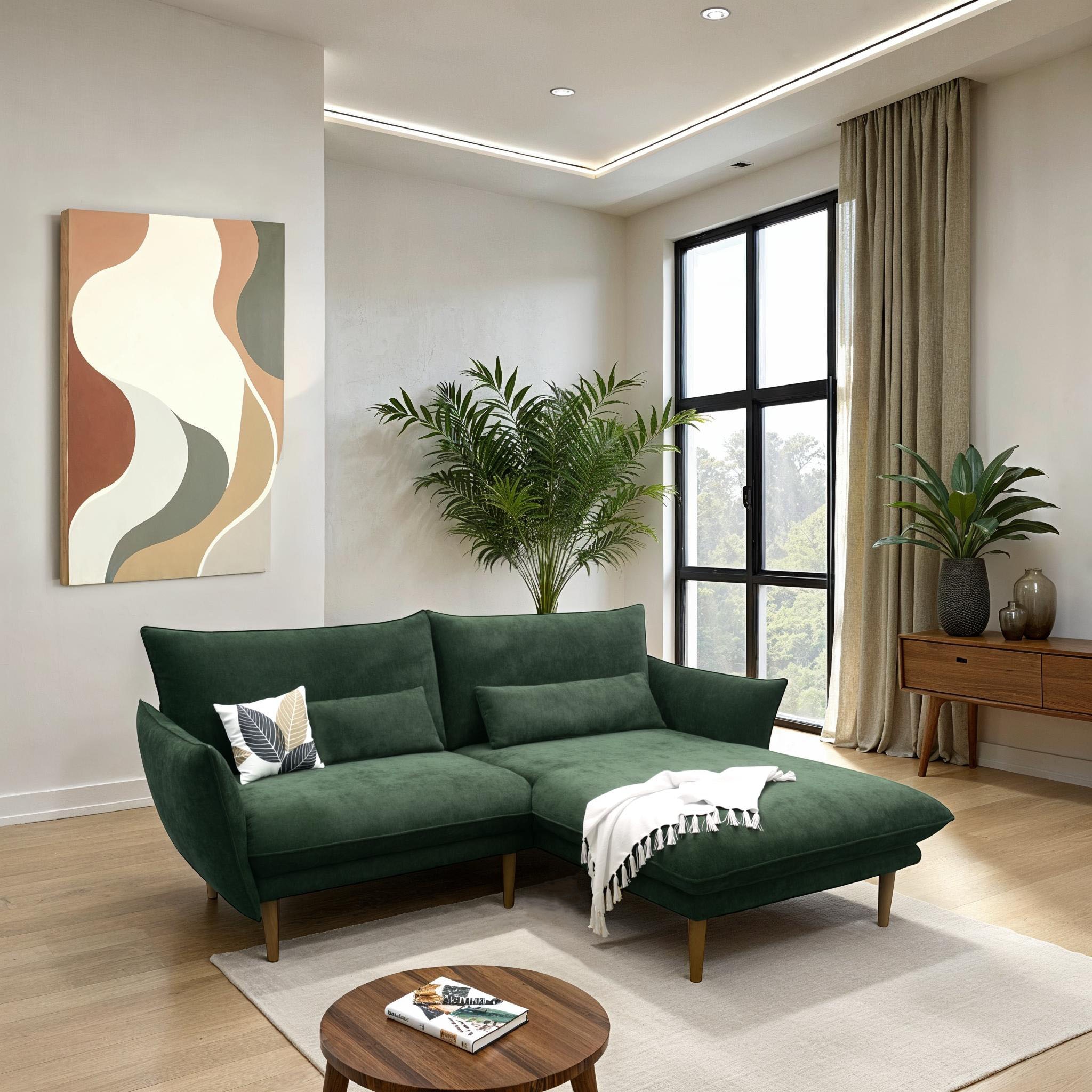 DOMO collection Ecksofa »Leuven kompakte Stellmasse, Breite 200 cm, schmale Armlehnen, L-Form« angenehm feste Polsterung, bodenfrei, 19 cm hohe Holzfüsse