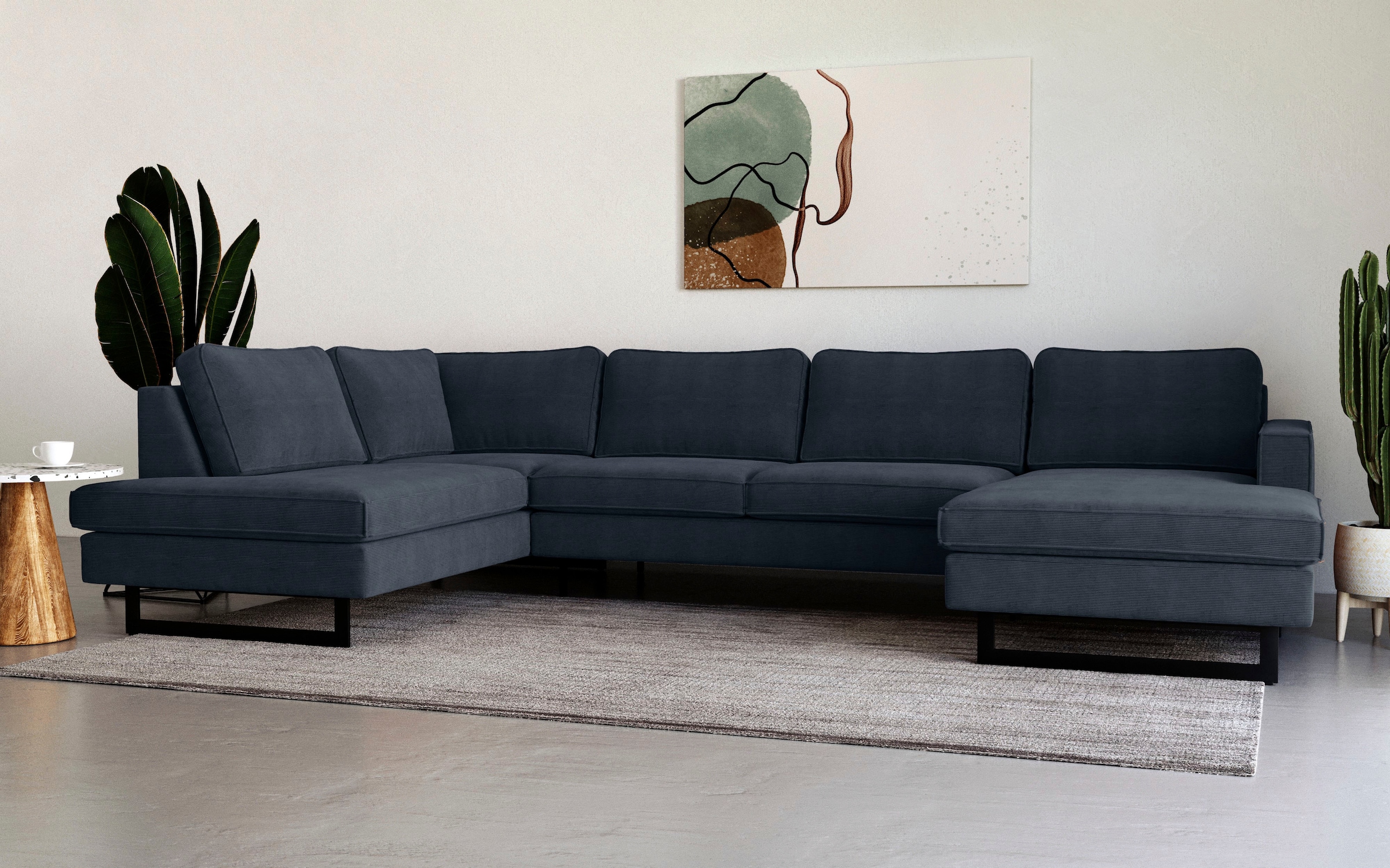 PLACES OF STYLE Wohnlandschaft »Pinto, 350 cm, U-Form, XXL, mit Ottomanen« Cord, Chenille, Lederoptik, mit Keder, Metallfüsse, Wellenunterfederung