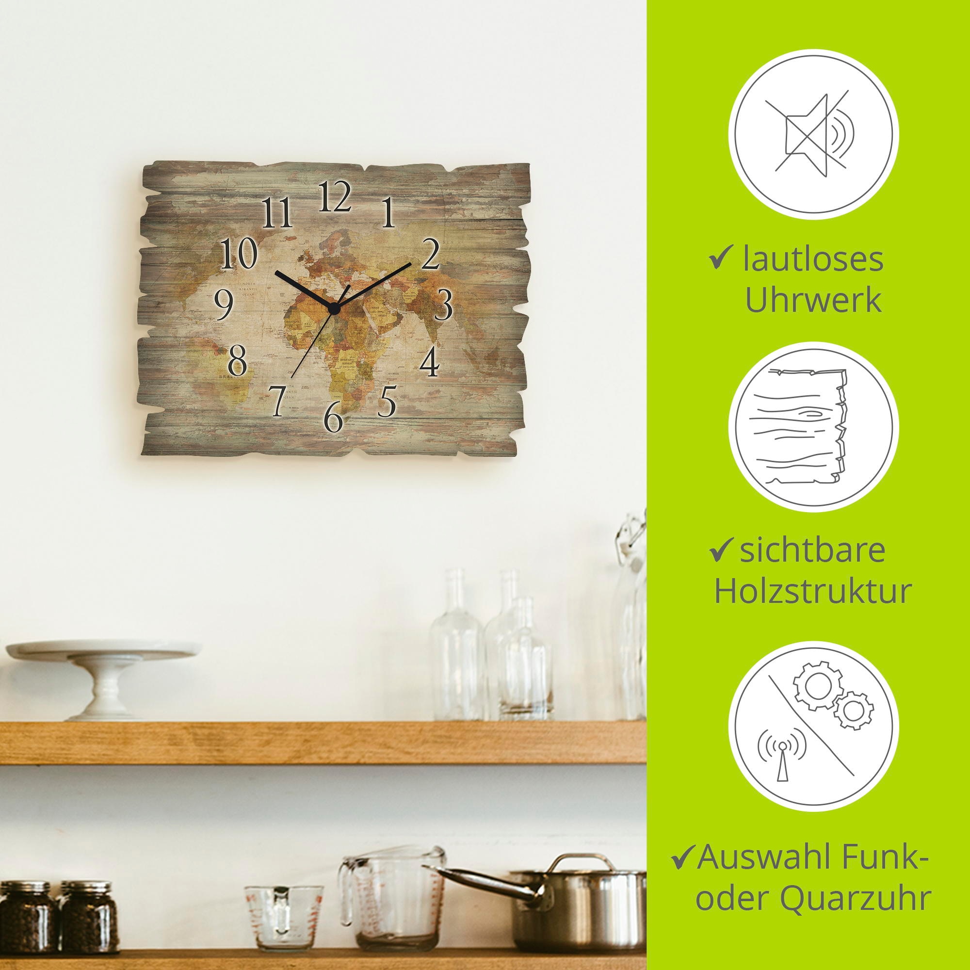 Artland Horloge murale »Weltkarte« wahlweise mit Quarz- oder Funkuhrwerk, lautlos ohne Tickgeräusche