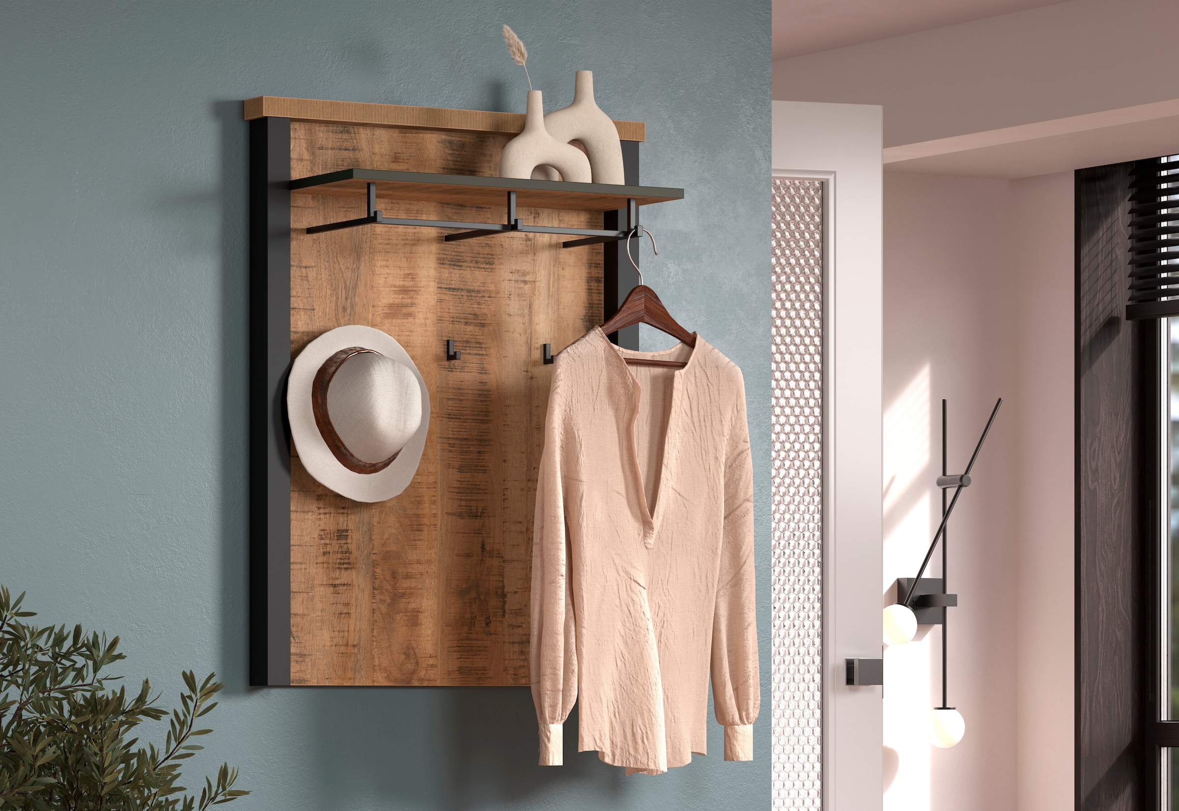 Home affaire Panneau de vestiaire »Elda« 1 cuis tlg. Wandpaneel mit Ablage, 1 Kleiderstange, 3 Haken – (B/T/H) 73/27/95 cm