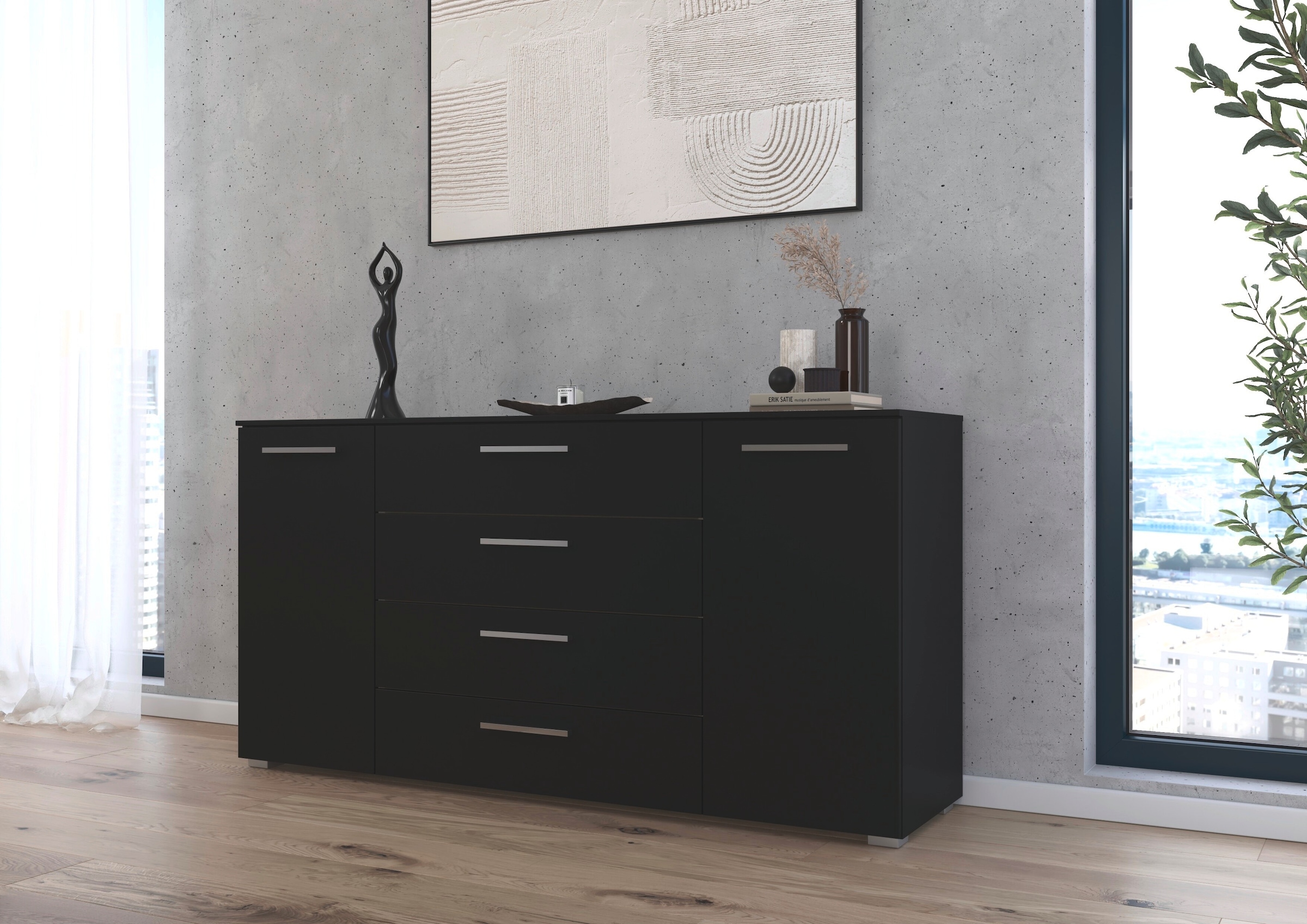 rauch Kombikommode »Sideboard Schubkommode Kommode MONTCLAR Front Dekor/Hochglanz/Glas« Breite 160 / Höhe 81 cm, 2 Einlegeböden, inkl. Soft-Close-Funktion,  2-türig, 4 geräumige Schubladen, viele Griffvarianten MADE IN GERMANY