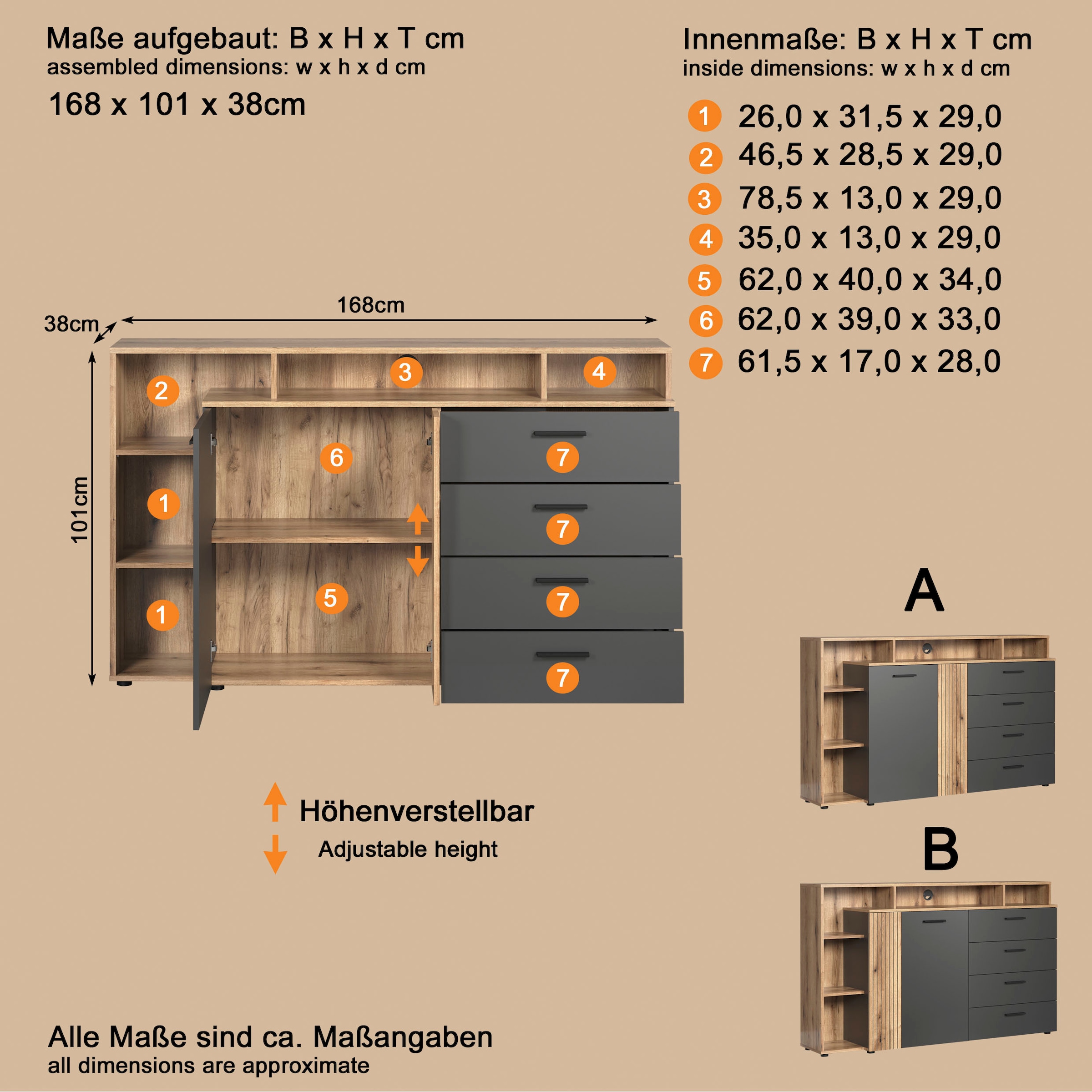 INOSIGN Table basse »Estepona« 1 cuis tlg. TV Kommode mit 2 Türen & 4 Schubladen Vollauszug (B/T/H) 168/38/101 cm
