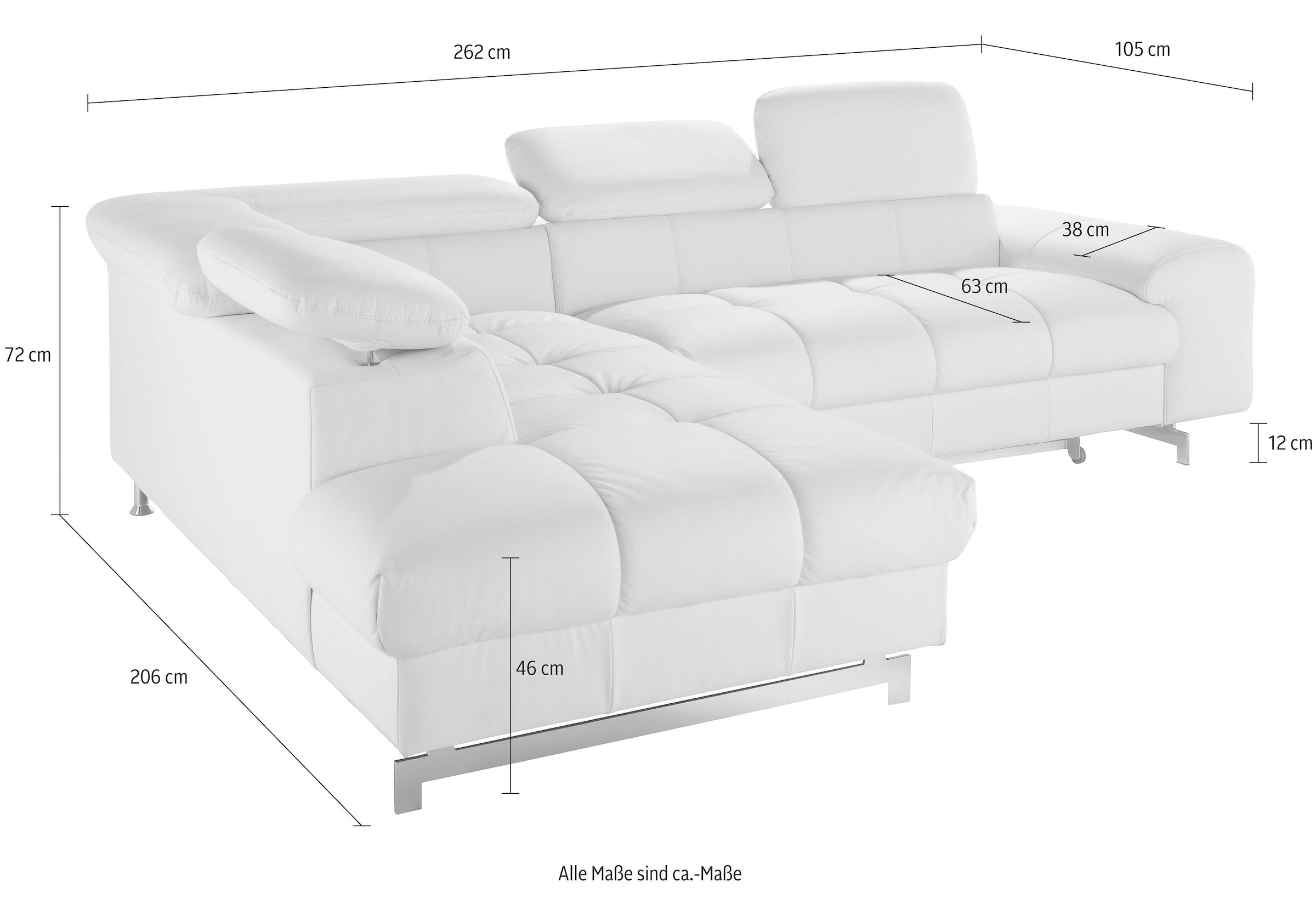 COTTA Canapé d'angle »Chef L-Form« mit Kopfteilverstellung, edle Metallkufen, wahlweise mit Bettfunktion