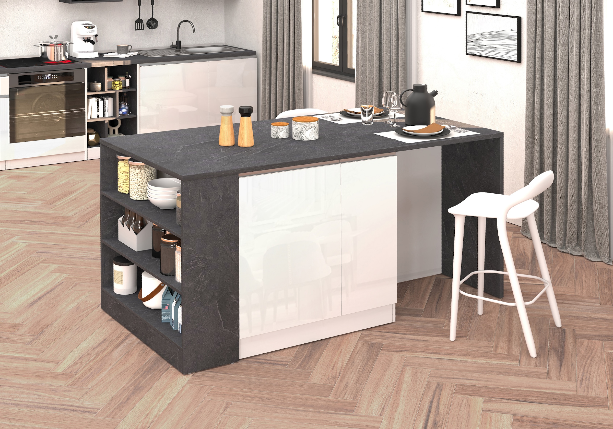 KOCHSTATION Ilot de cuisine »KS-Sole, Kochinsel, Küchenarbeitsblock, Arbeitsinsel, Made in Italy« Breite 167,5 cm, 2 Apothekerauszüge, 2 Essplätze, 1 offenes Regal