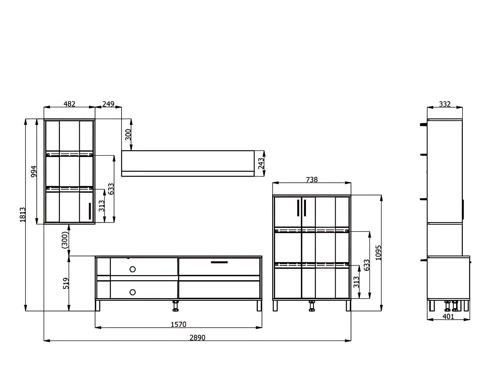 Home affaire Meuble mural »Sheffield, inkl. TV-Board, Highboard, Hängevitrine und Wandregal« Komplett-Set, 4 cuis tlg.