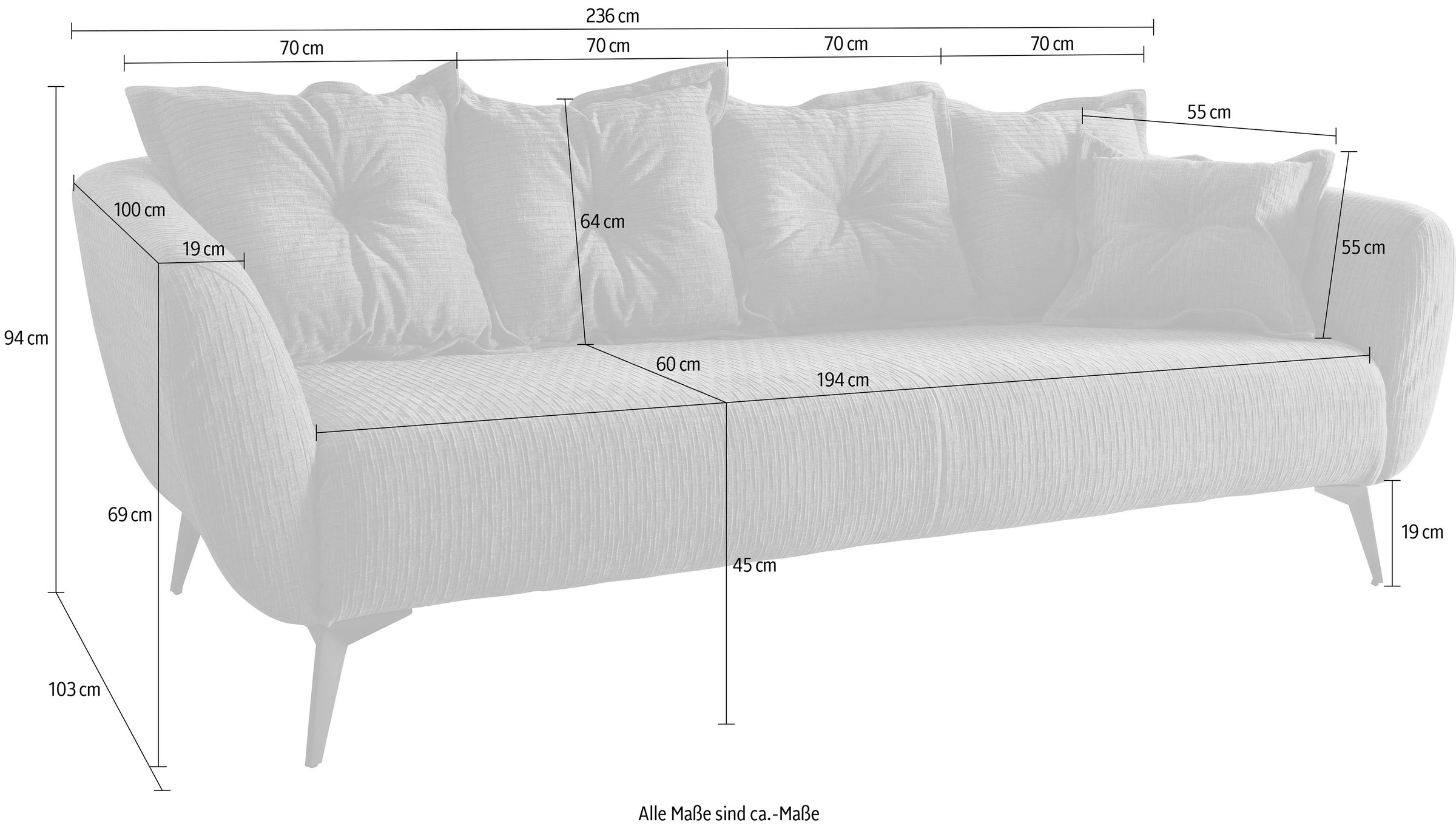 Home affaire 3-places »Baggio Breite 236 cm, modernes Sofa, hoher Fuss, bequem« schwarze Metallfüsse