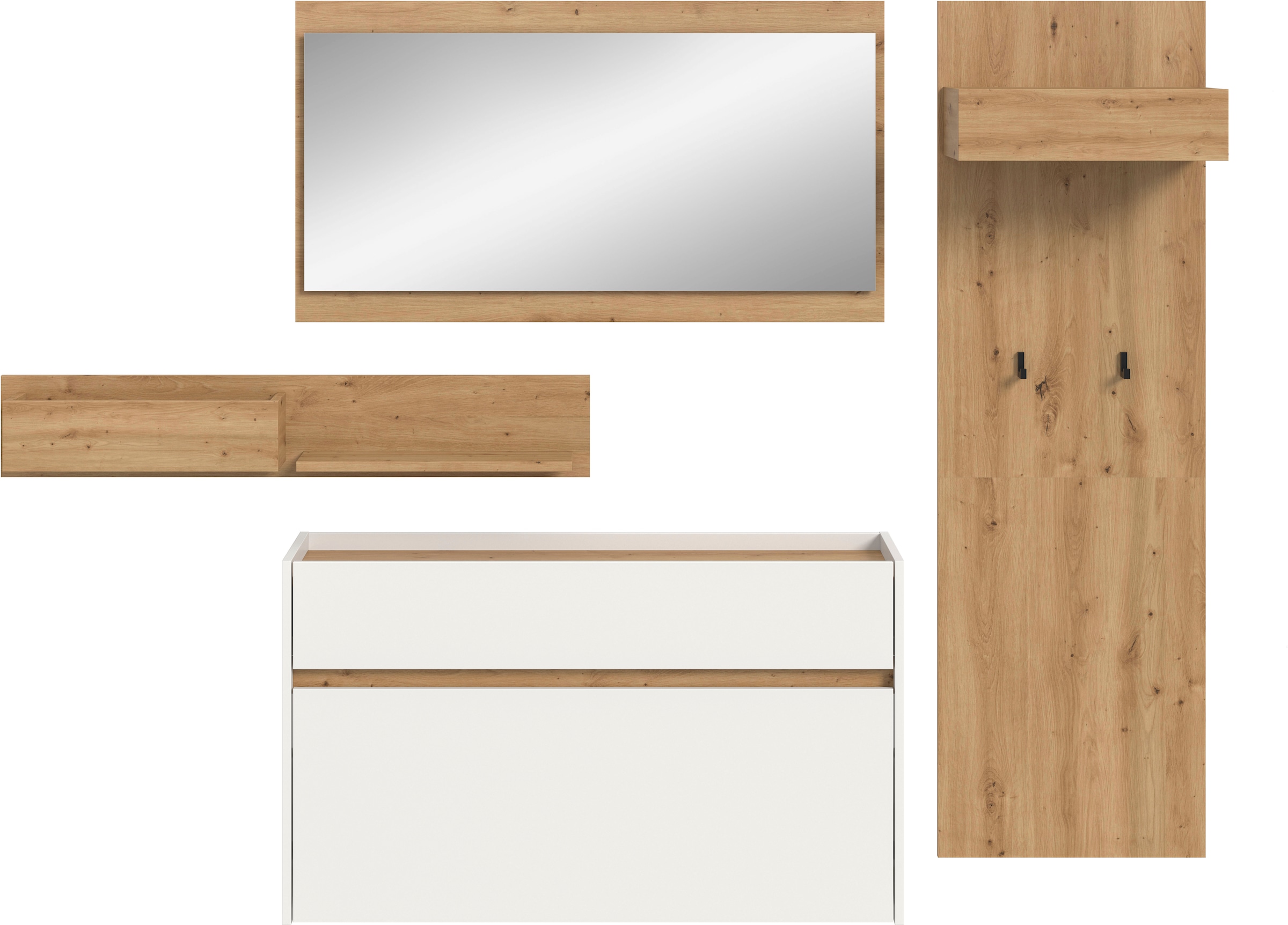 Home affaire Garderoben-Set »EVRID, 4-teilig, Breite 205 cm, individuell hängbar & erweiterbar« best. aus.: Wandboard, Kommode, Spiegel, Garderobenpaneel, 4 Stk. tlg.