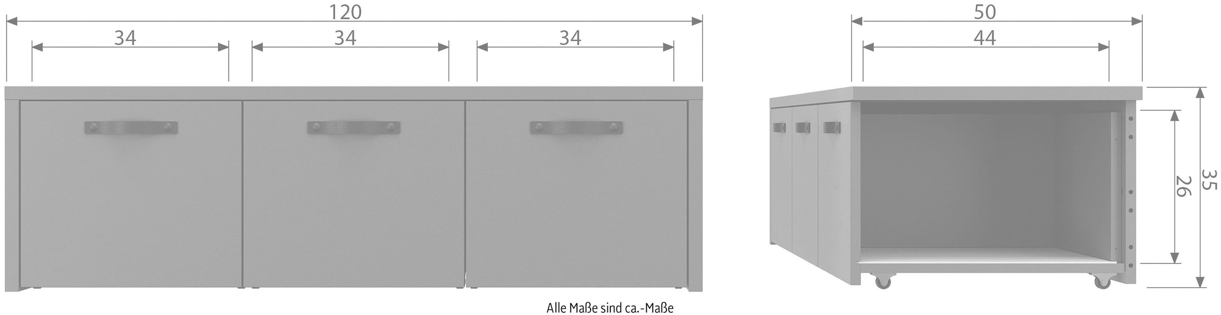 WOOOD Banc coffre »Stage FSC®-Kiefernholz massiv mit Ledergriff H 36 x B 120 x T 50 cm« Assise et espace de rangement combinés, Facile à monter, Facile à entretenir