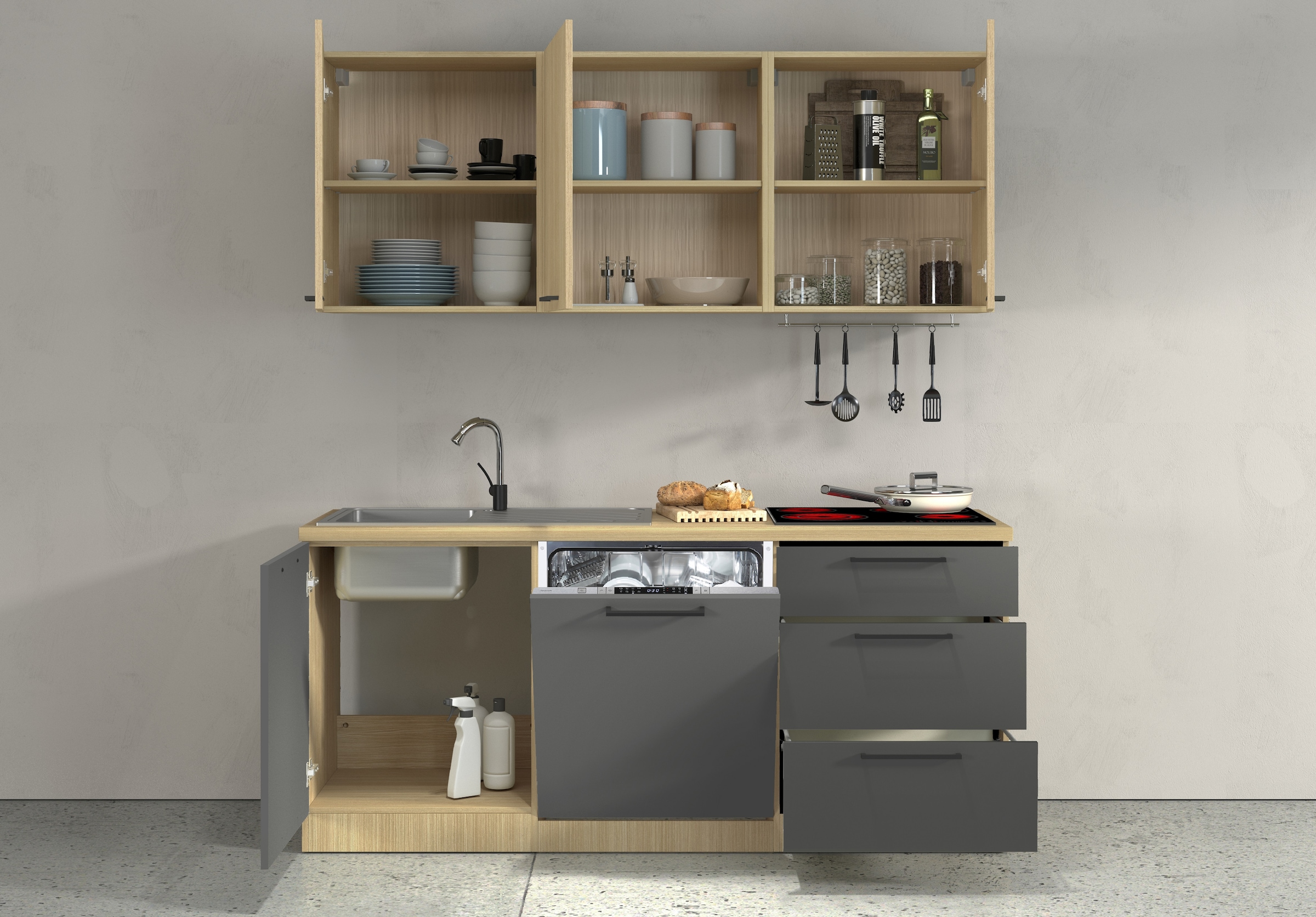 KOCHSTATION Kitchenette »Luna, Küchenzeile mit Spüle + Siphon, ohne E-Geräte« Breite 182 cm,Türen mit Soft-Close Funktion, Metalgriffe,Made in Italy