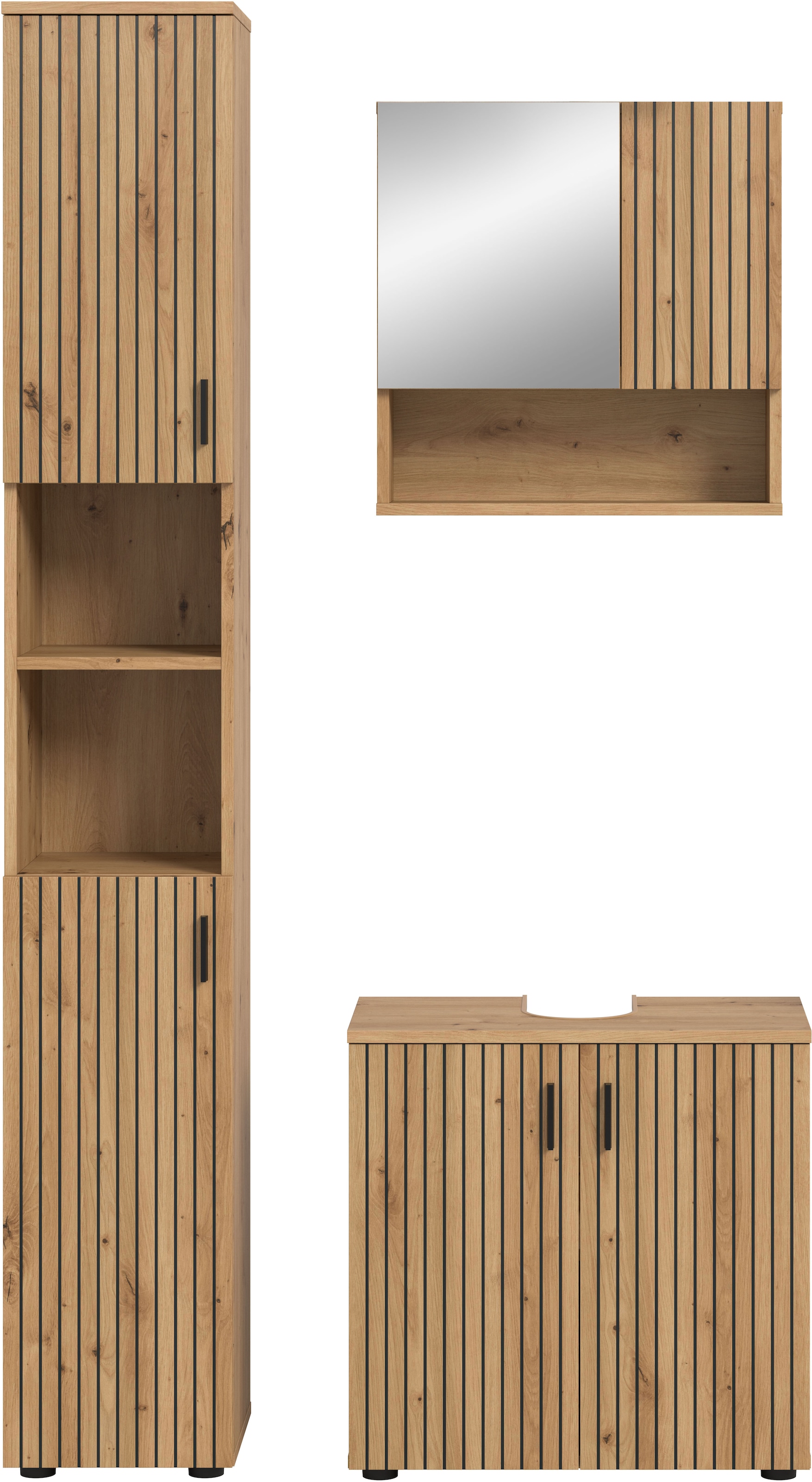 welltime Badmöbel-Set »MANI, 3-tlg. Badkombination, Paneeloptik« Set, Set, best. aus:1Badschrank, 1Waschbeckenunterschrank, 1Spiegelschrank, 3 Stk. tlg.