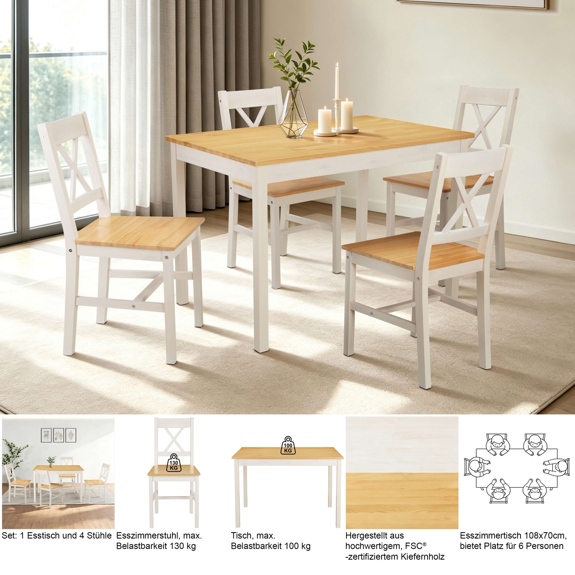 GOODproduct Essgruppe »Willow« Set, Esstisch mit 4 Stühlen, 5 tlg. Esstisch mit 4 Stühlen, aus massivem Kiefernholz