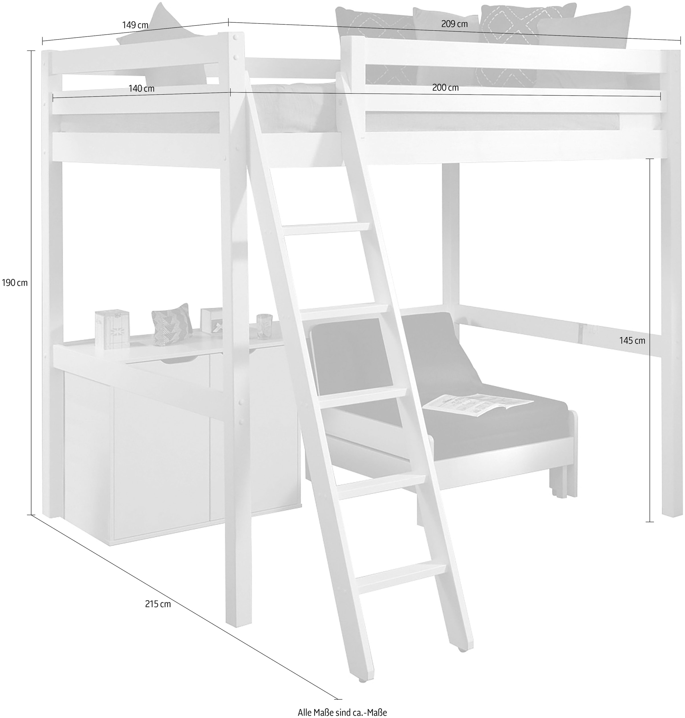 Vipack Hochbett Made in Europe,  Hochbett mit 140 x 200 cm Liegefläche, inkl. Kommode und Schlafsessel