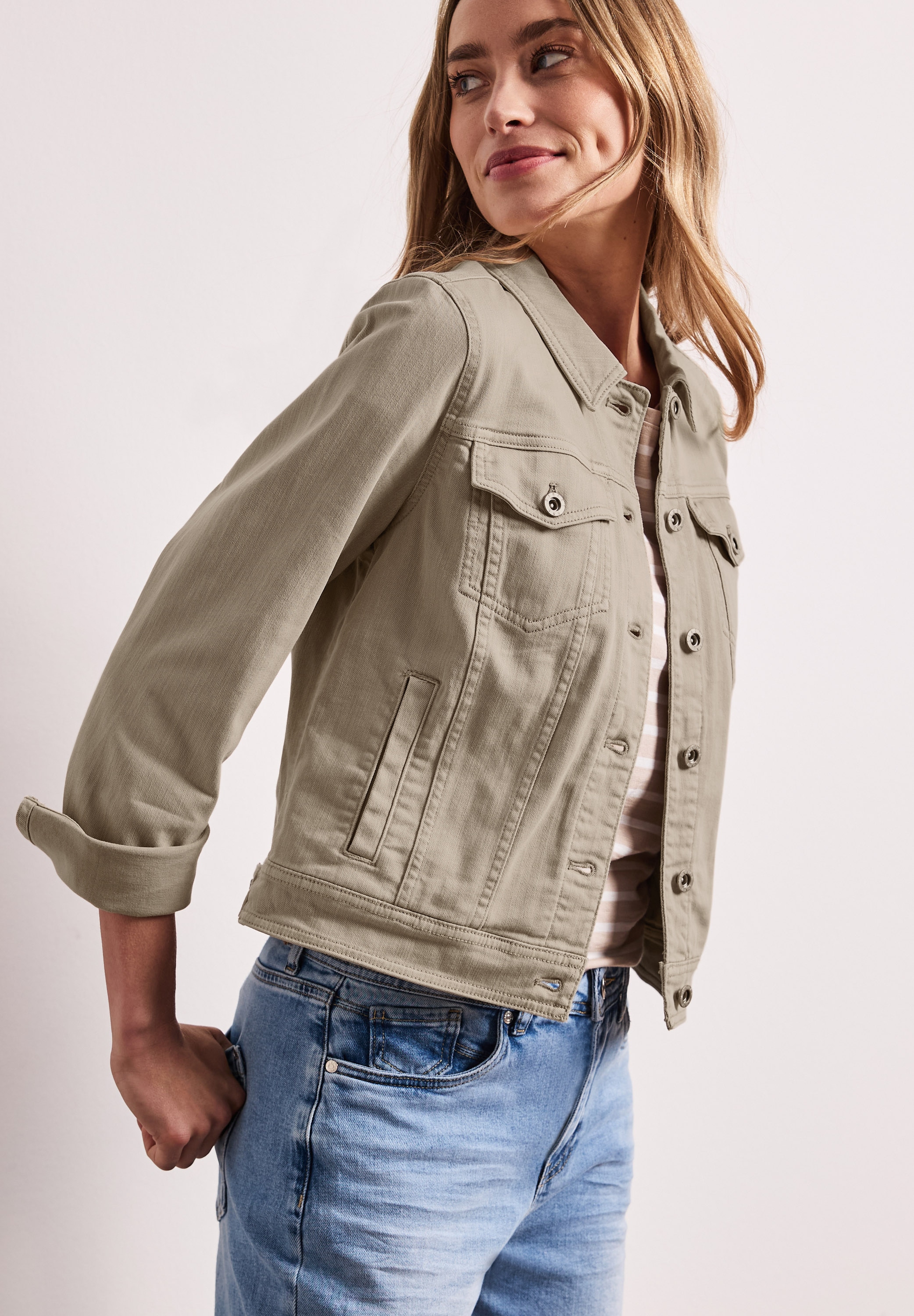 STREET ONE Veste en jean sans capuche aspect denim coloré avec poches