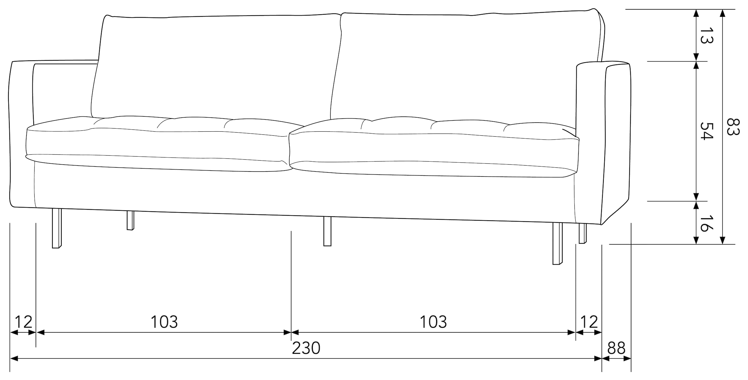 WOOOD 2,5-places »Rodeo Classic Recycling-Lederfaser-Verbundstoff H 83 x B 230 x T 88 cm« capacité de charge 200 kg, pieds en métal, léger, bonne résistance à l'usure