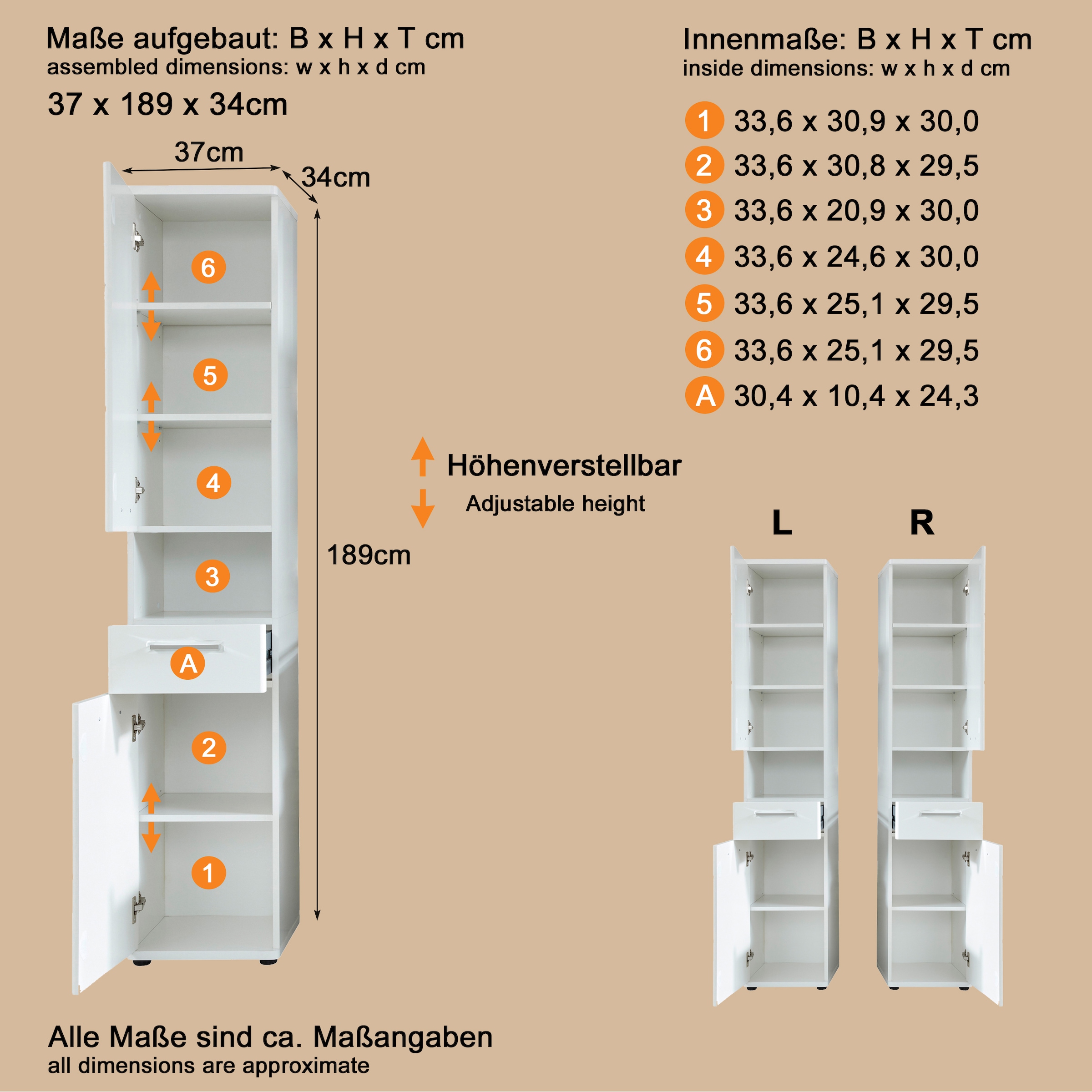welltime Hochschrank »Mora« Hochschrank mit 2 Türen, 1 Schublade - (B/T/H) 37/34/189 cm