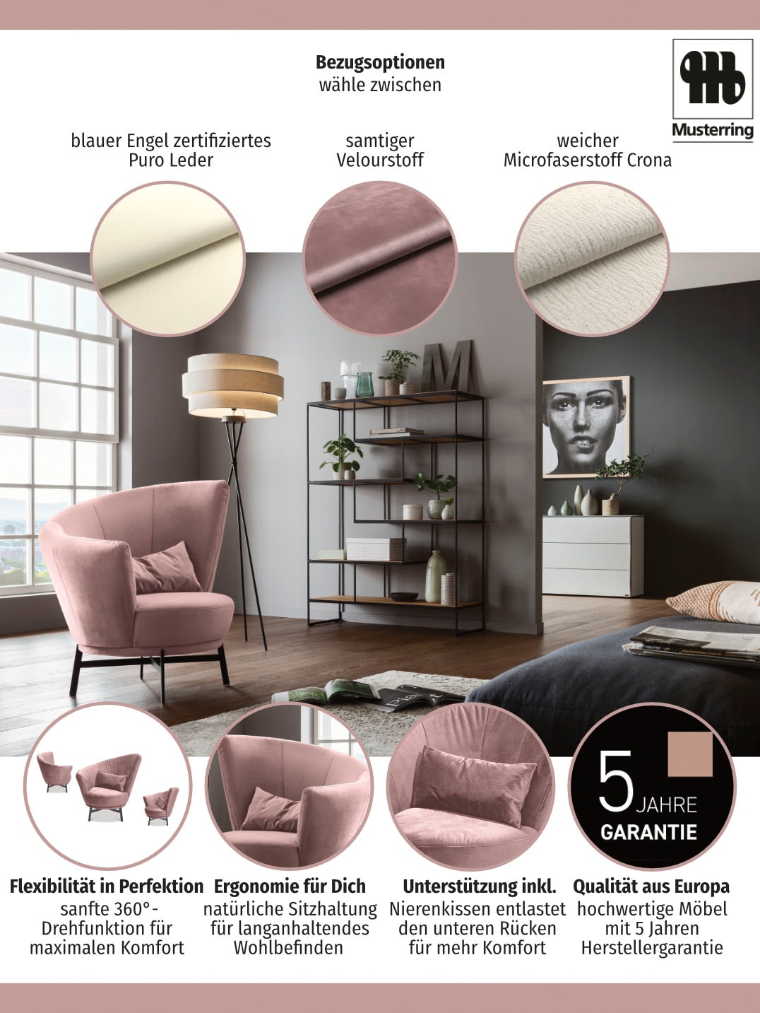 Musterring Fauteuil pivotant »Kleo« avec rotation à 360°, coussin lombaire inclus