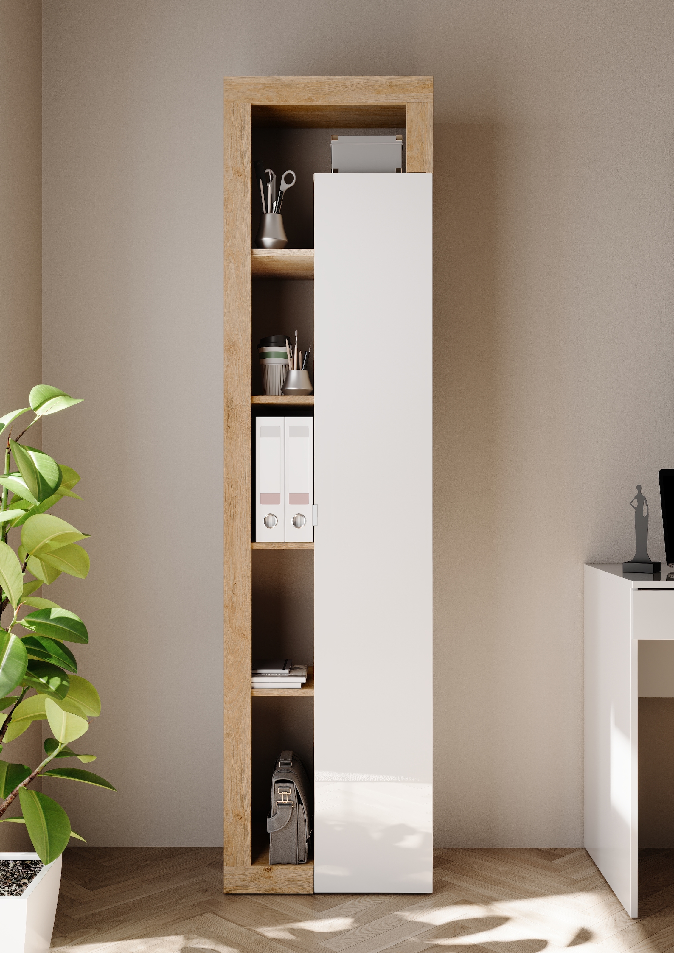 Home affaire Aktenschrank »Hamburg Höhe 189 cm, Breite 50 cm, 1 Tür, offene Fächer, Büroschrank,« Mehrzweckschrank, dekorativer Rahmen, Metallgriff, viel Stauraum