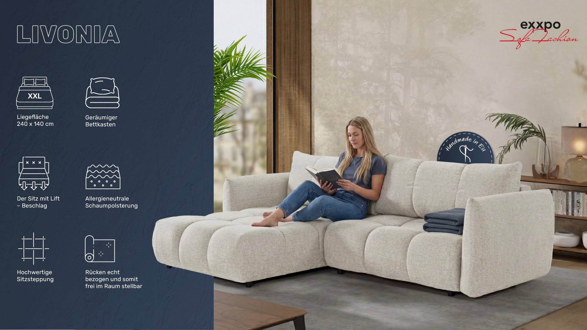 exxpo - sofa fashion Canapé d'angle »Livonia, B/T: 260/187, modern & praktisch für kleine Räume« Mit Bettfunktion & Bettkasten,hoher Sitzkomfort,inkl. Steppung, L-Form