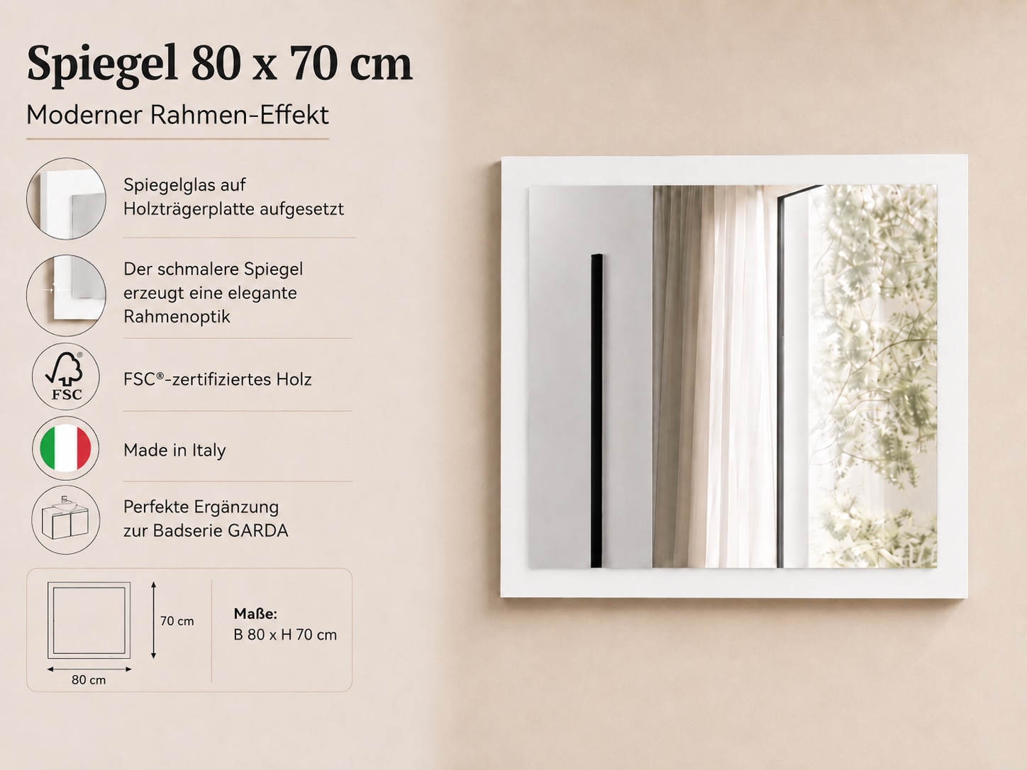 welltime Miroir de salle de bain »Garda, Waschbeckenunterschrank,Breite 80 cm,Waschtisch« Breite 80 cm- Passend zur Serie Garda
