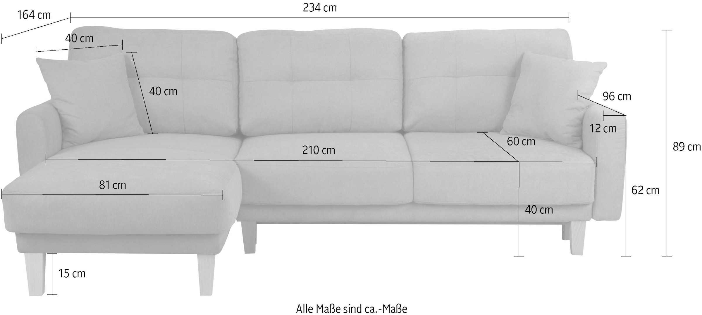 Home affaire Ecksofa »TRIPLO optionale Schlafsofa mit Bettkasten, Masse B/T/H: 234/164/89 cm« L-Form wahlweise mit Bettfunktion - Liegefläche 132x210 cm
