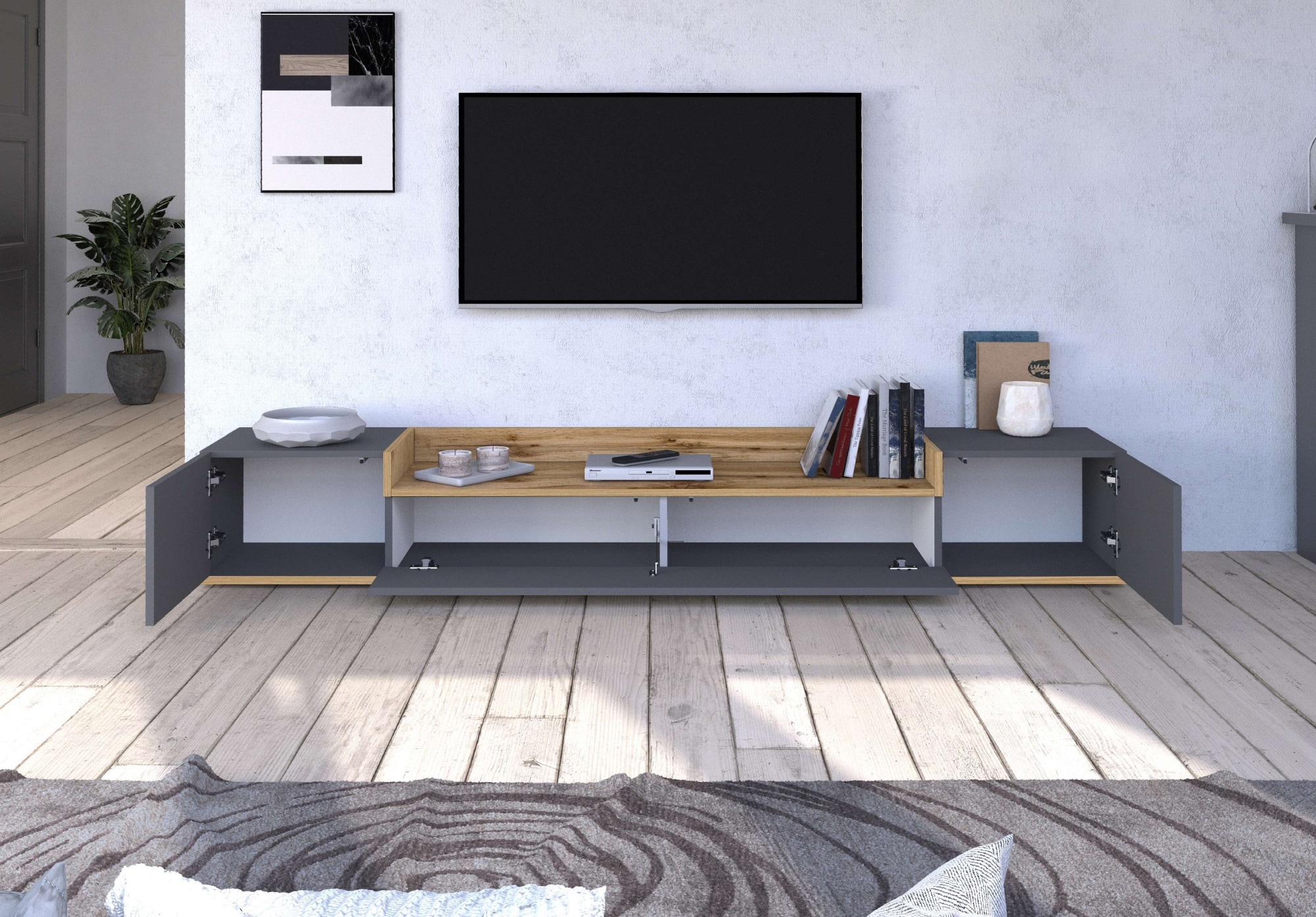 GOODproduct Lowboard »BOLSENA,TV-Kommode, TV-Möbel,TV-Bank, 4 Fächer und offenes Ablagefach« 1 Stk. tlg. stehend/hängend montierbar, Made in Italy, B/T/H: 200 × 35 × 31,2 cm
