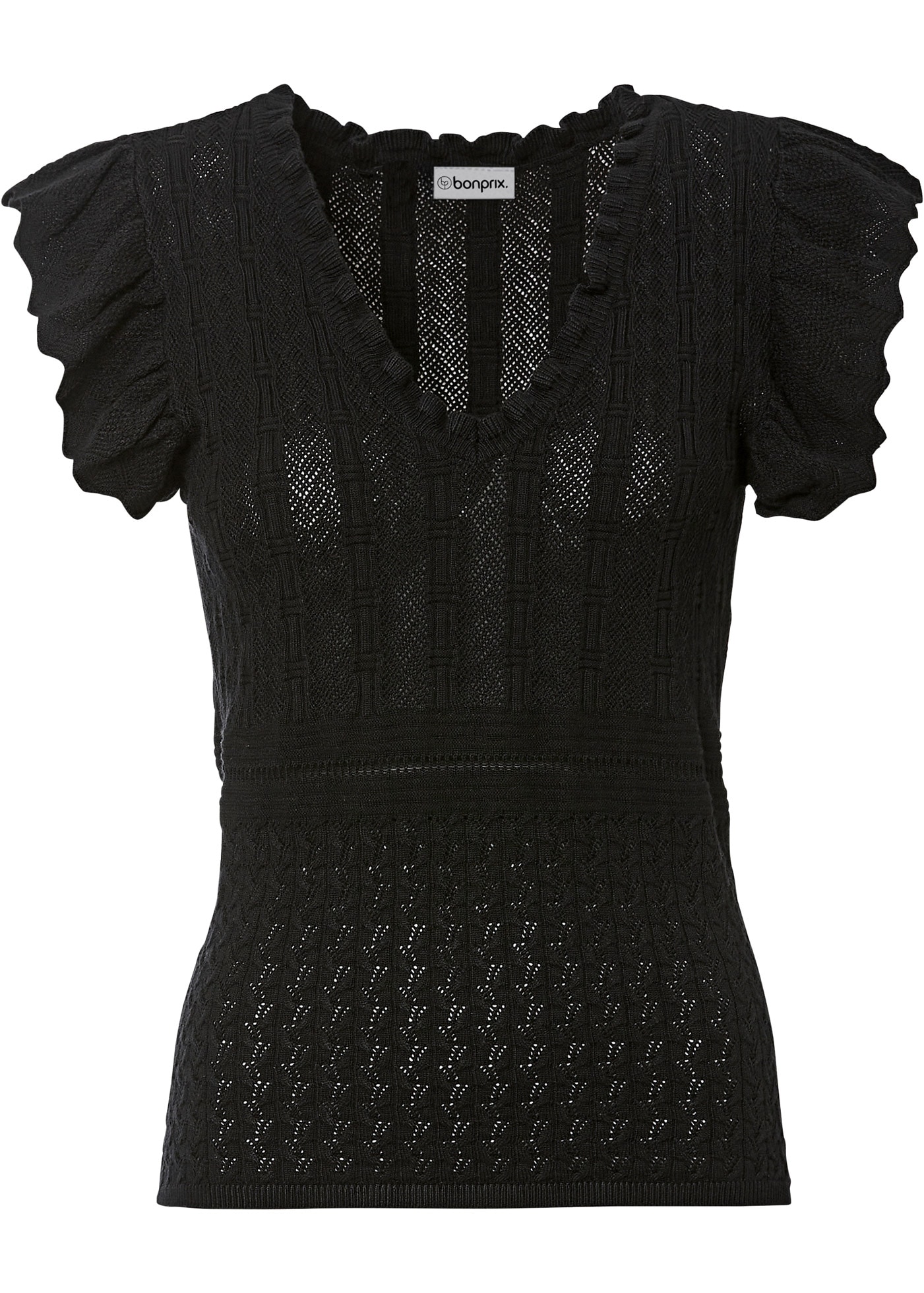 bonprix Pull en tricot Ajour-Strick mit hohem Viskoseanteil, ärmellos mit Volant