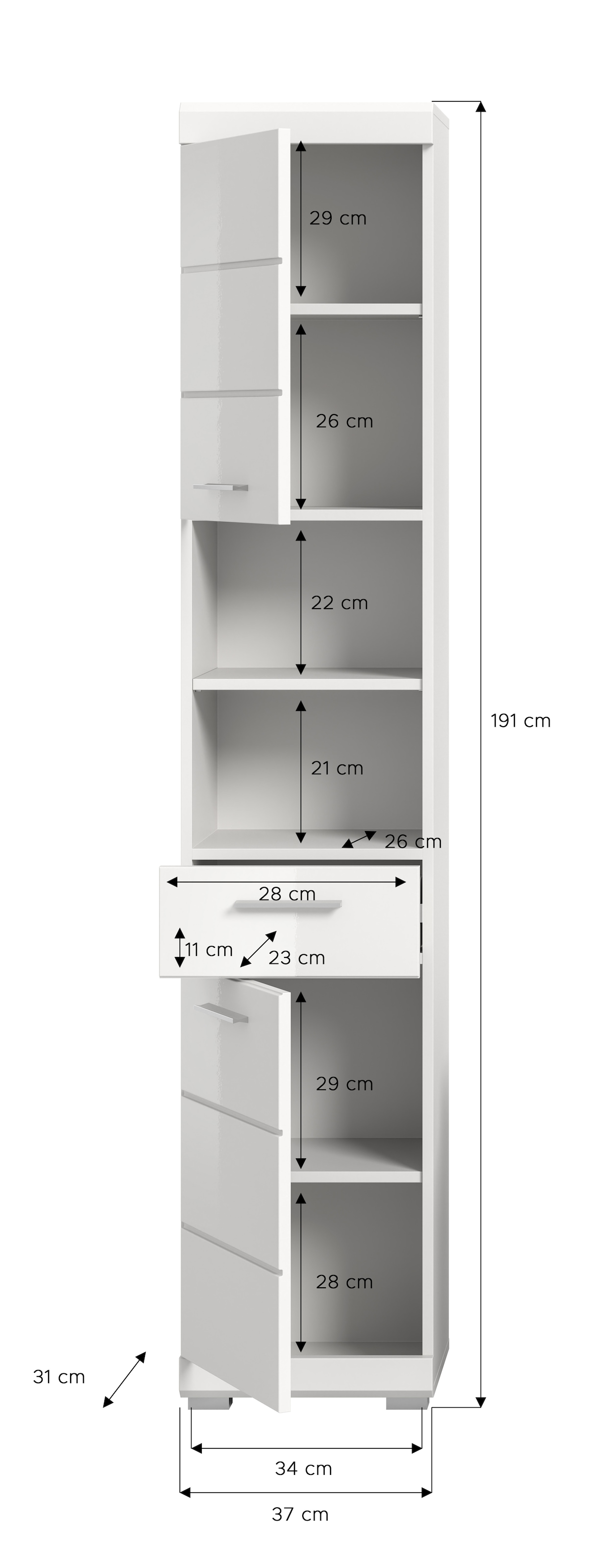 welltime Hochschrank »SIENA, Breite 37cm, 2 Tür, 1 Schubkasten, 2 offene Fächer, MDF-Front« TOPSELLER!, 1 Stk. tlg. in verschiedenen Farben erhältlich, Badmöbel, Badschrank, Schrank, Bad