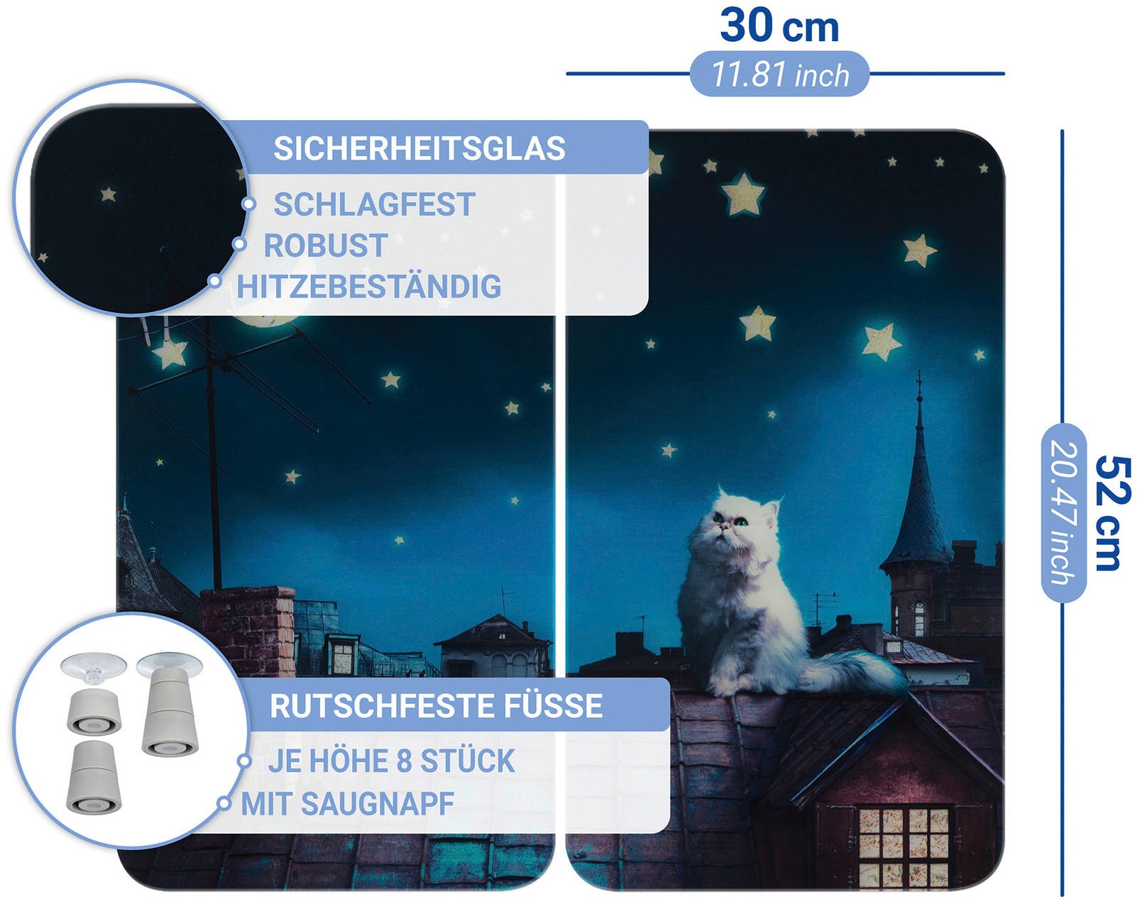 WENKO Plaque de recouvrement de la cuisinière »Universal Modell Moon Cat« Herdabdeckung für alle Herdarten, kratzfest, mit rutschfesten Füssen